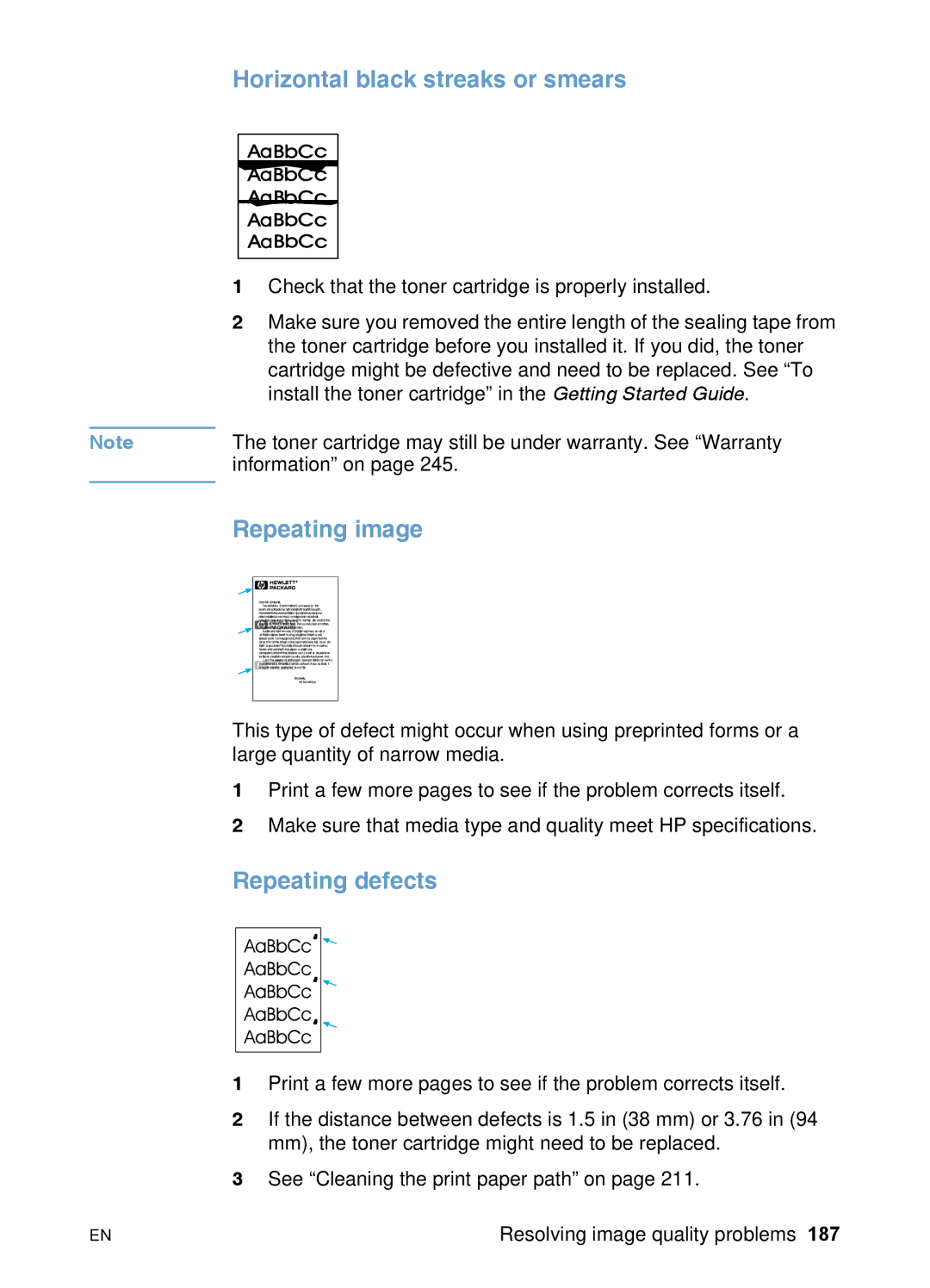 HP 3200 manual Horizontal black streaks or smears, Repeating image, Repeating defects 