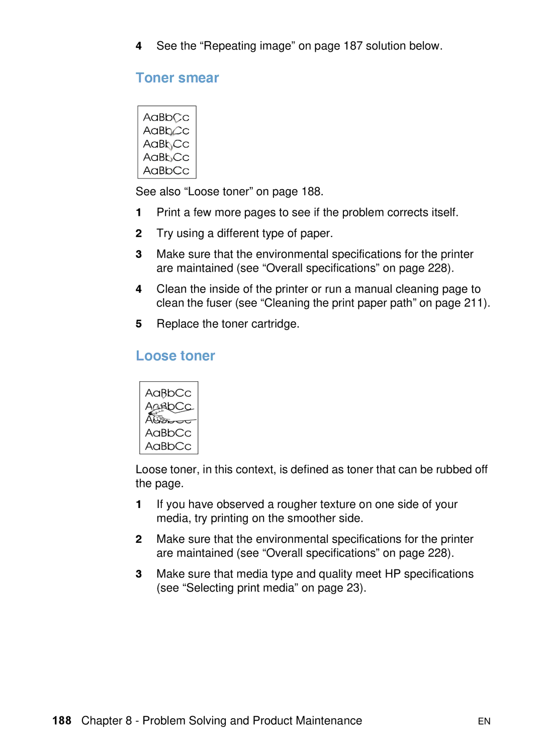 HP 3200 manual Toner smear, Loose toner 