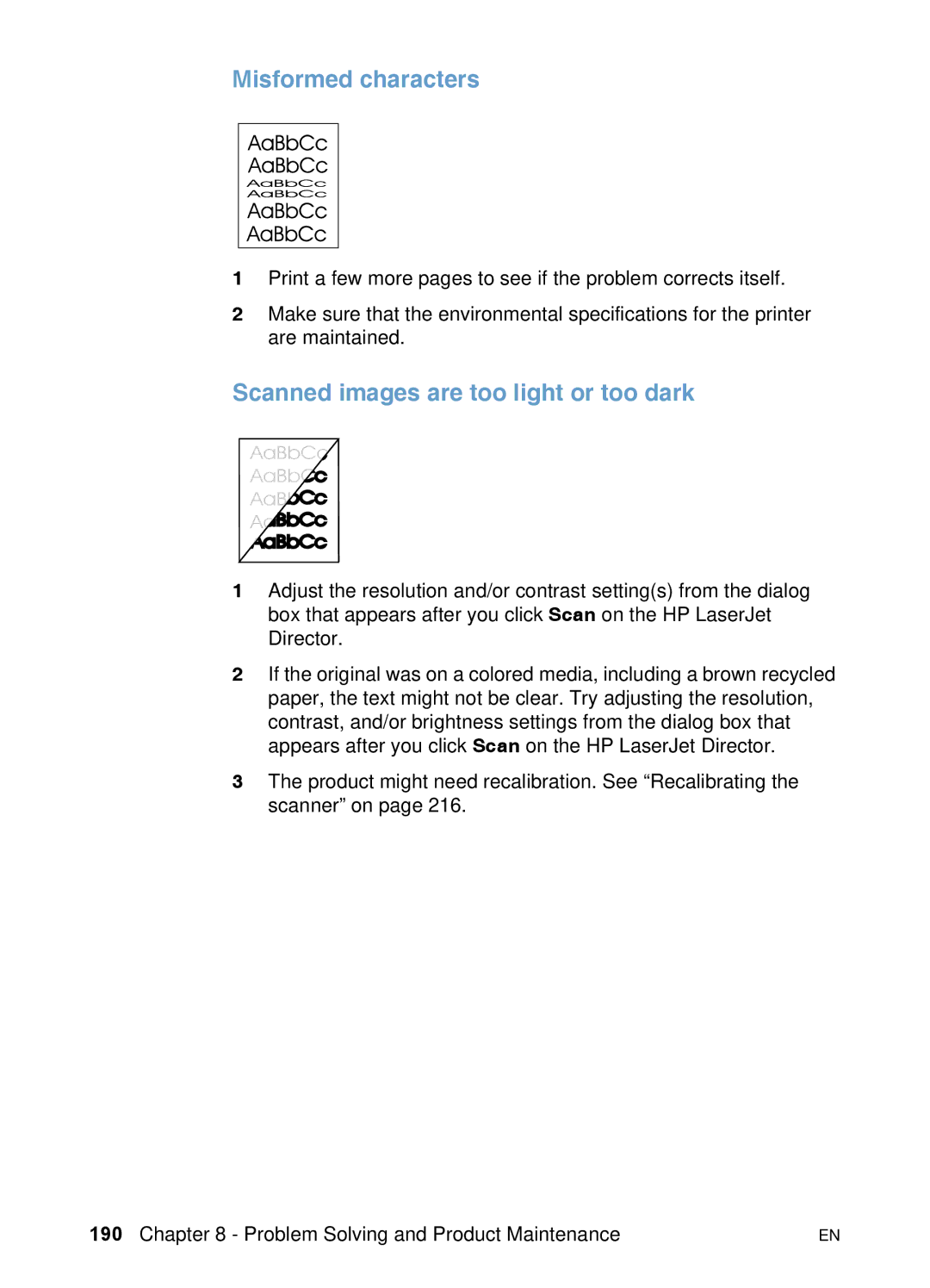 HP 3200 manual Misformed characters, Scanned images are too light or too dark 