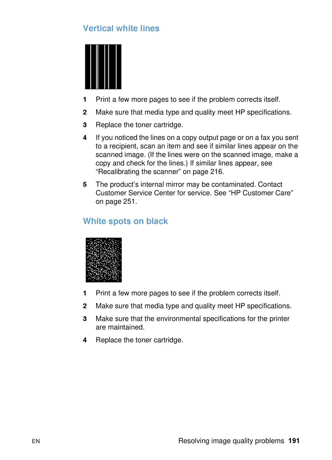 HP 3200 manual Vertical white lines, White spots on black 