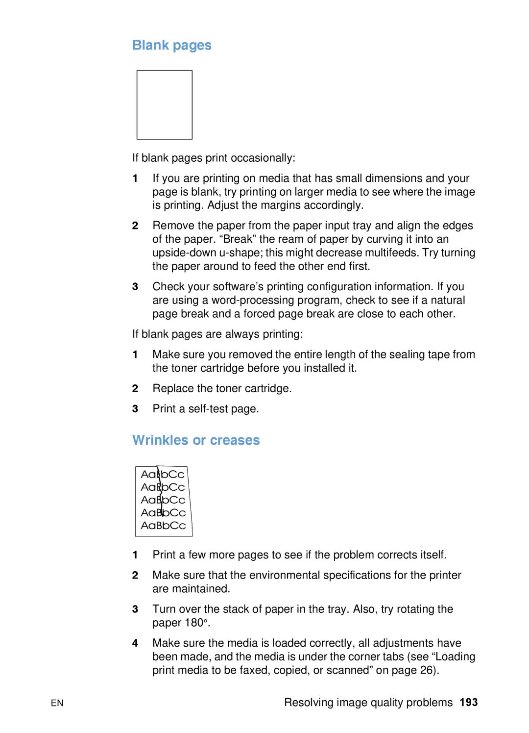 HP 3200 manual Blank pages, Wrinkles or creases 