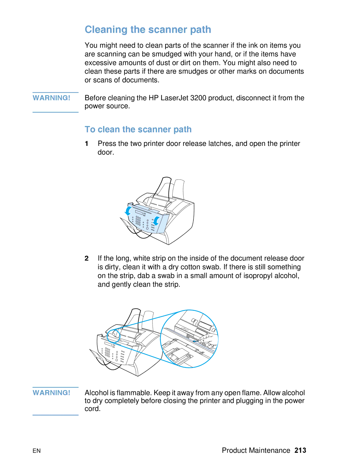 HP 3200 manual Cleaning the scanner path, To clean the scanner path 