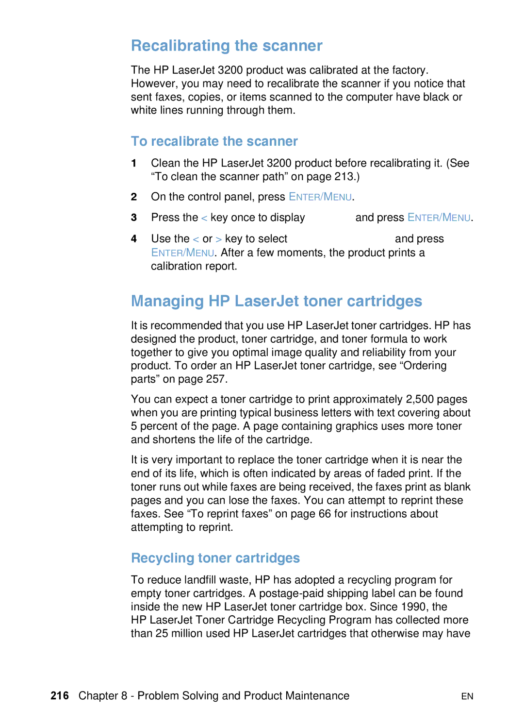 HP 3200 manual Recalibrating the scanner, Managing HP LaserJet toner cartridges, To recalibrate the scanner 