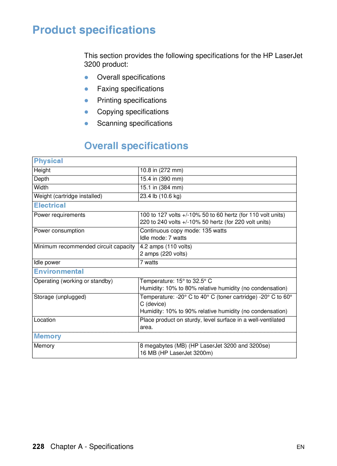 HP 3200 manual Product specifications, Overall specifications 