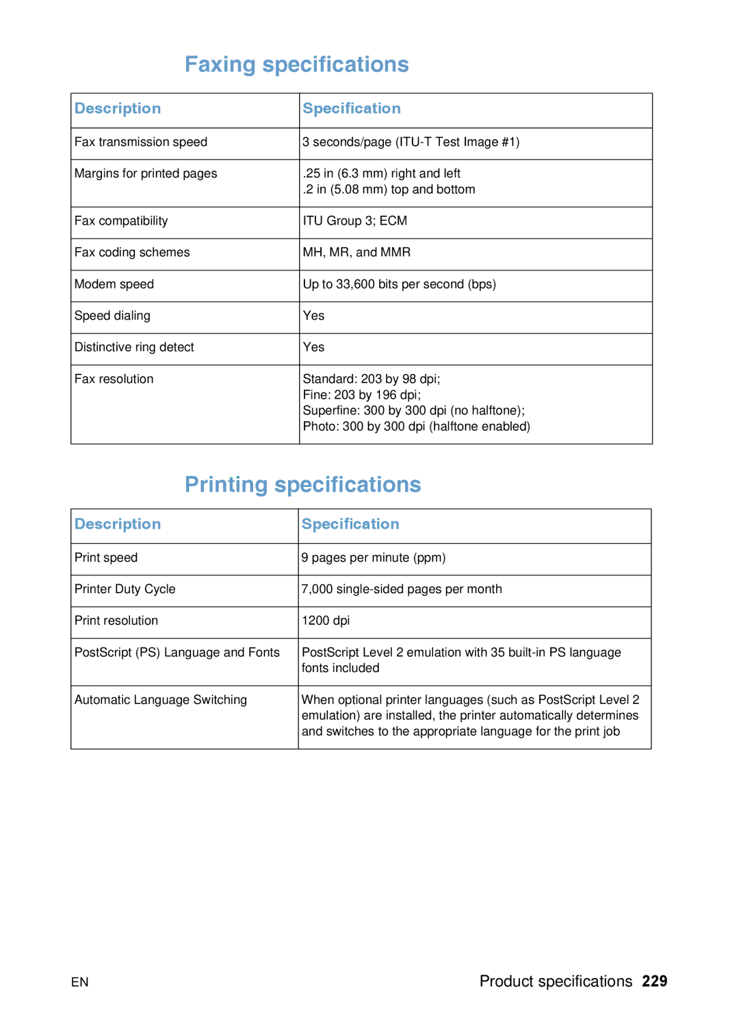 HP 3200 manual Faxing specifications, Printing specifications 