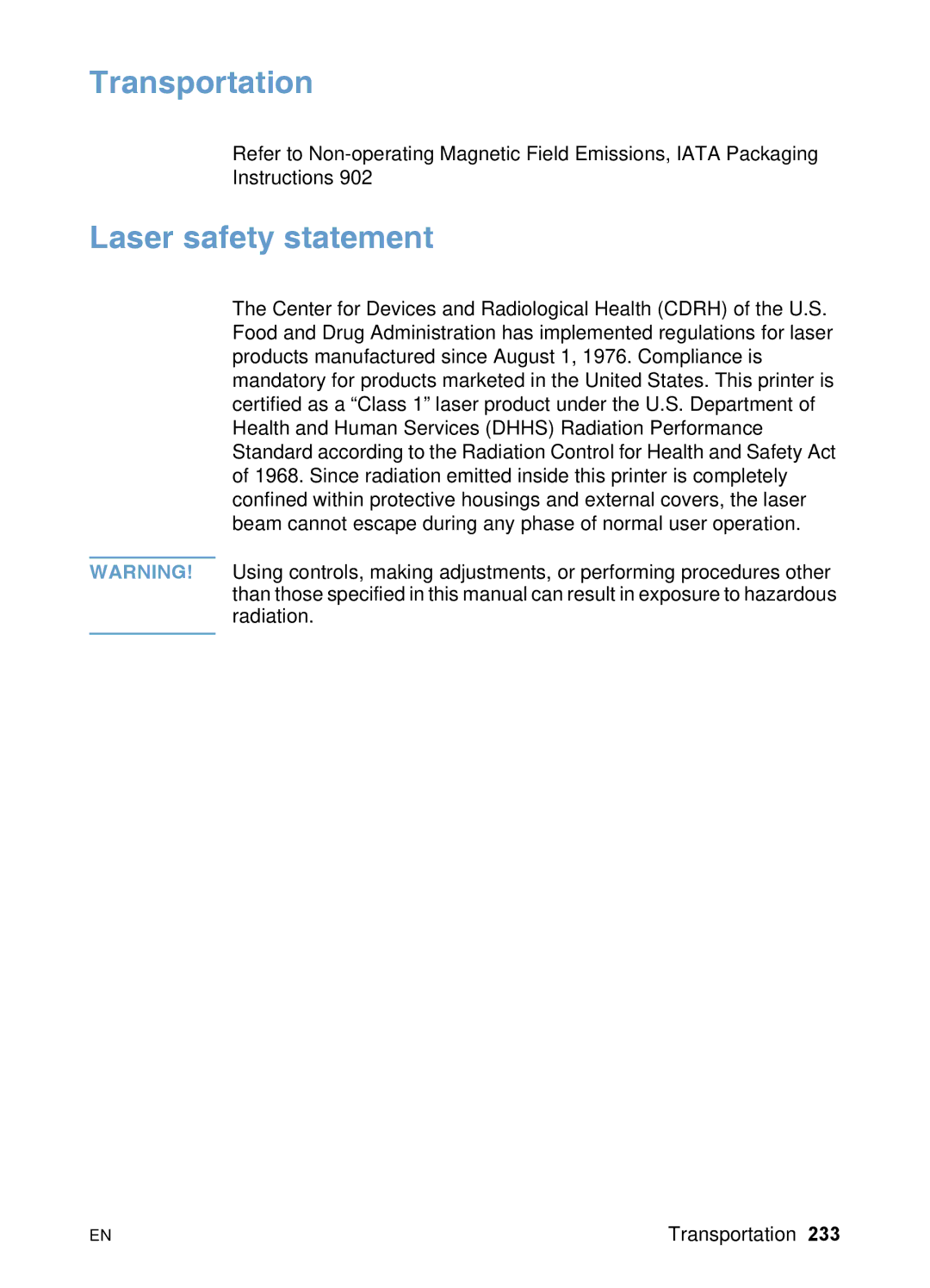 HP 3200 manual Transportation, Laser safety statement 