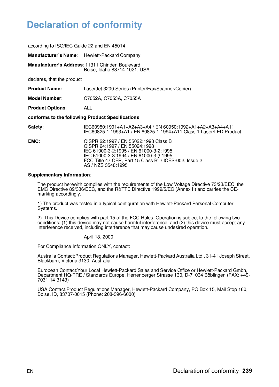 HP 3200 manual Declaration of conformity, Emc 