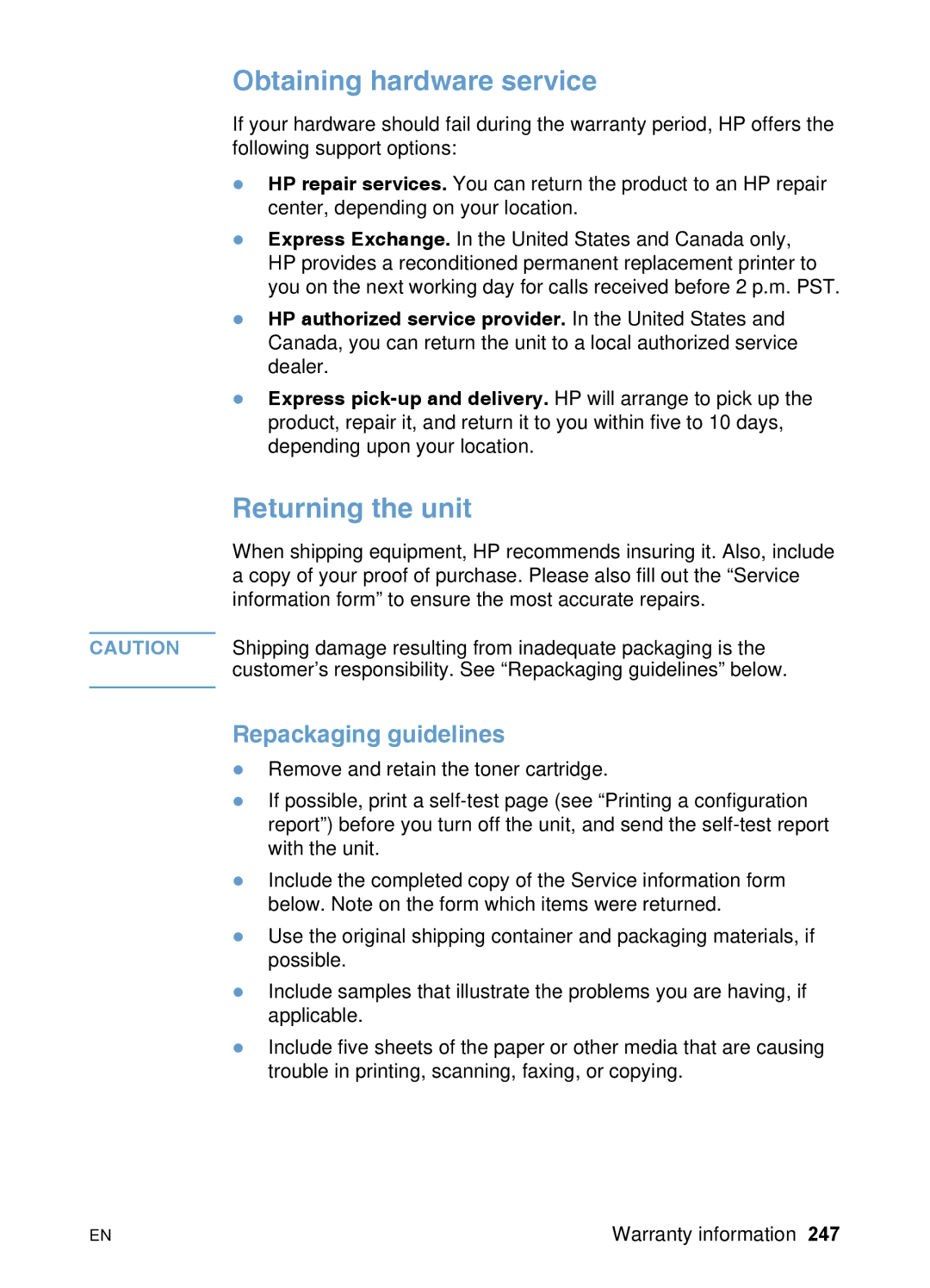 HP 3200 manual Obtaining hardware service, Returning the unit, Repackaging guidelines 