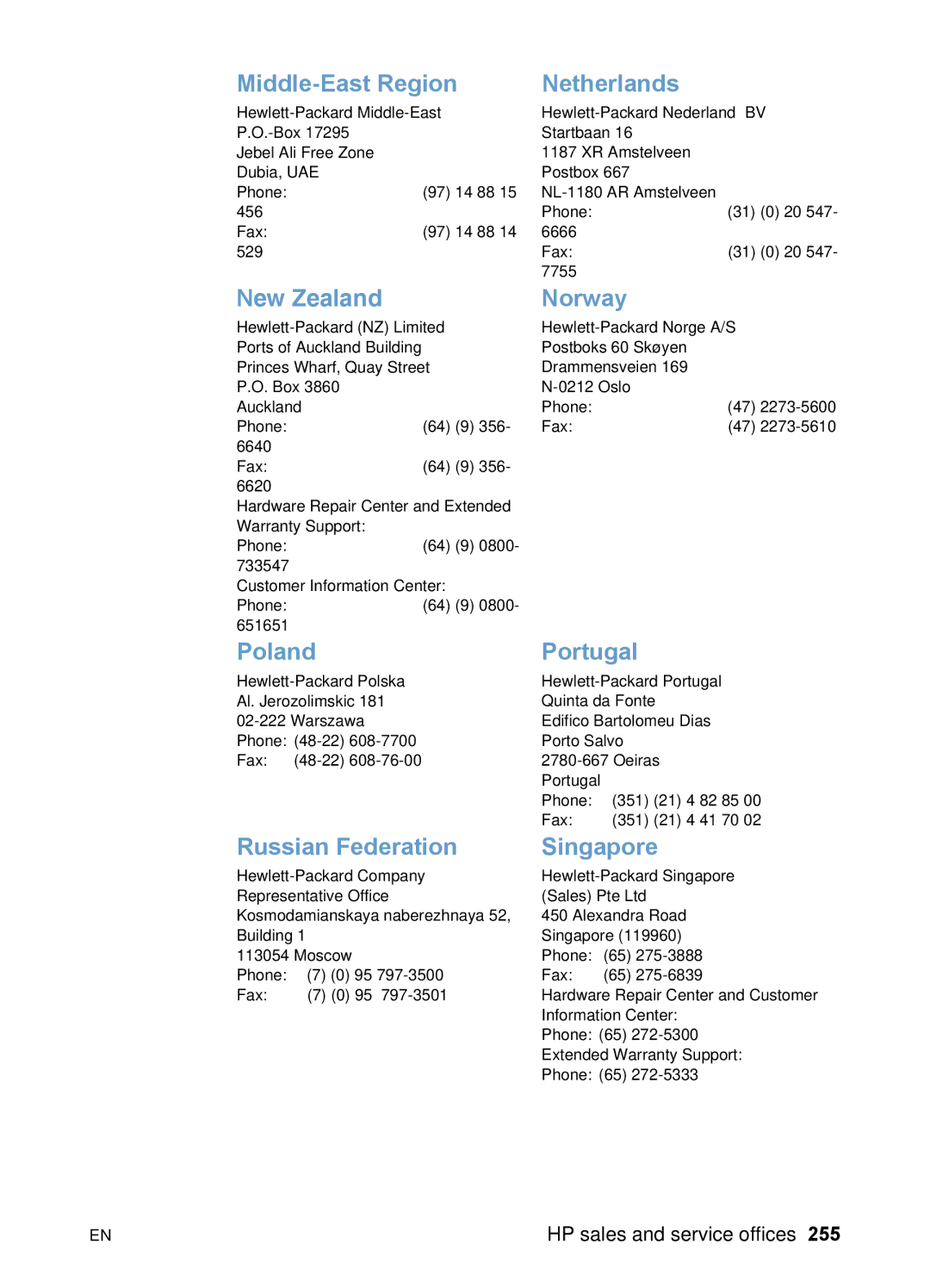 HP 3200 manual Middle-East Region Netherlands, New Zealand Norway 