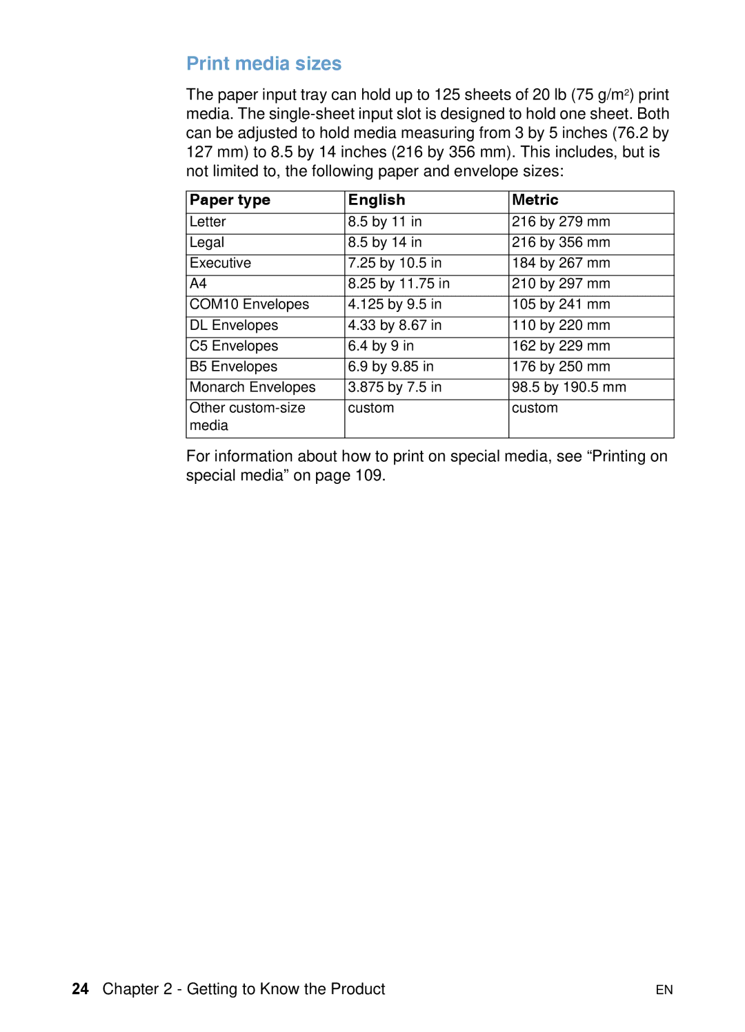 HP 3200 manual Print media sizes, Paper type English Metric 