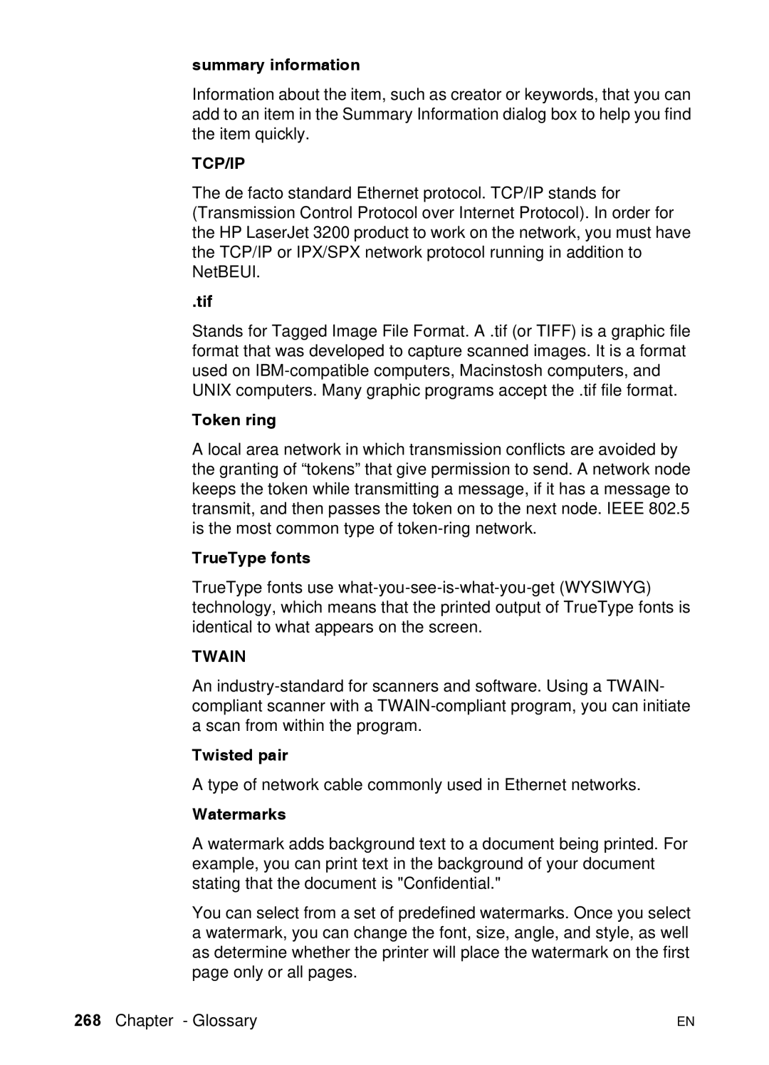 HP 3200 manual Summary information, Tif, Token ring, TrueType fonts, Twisted pair, Watermarks 