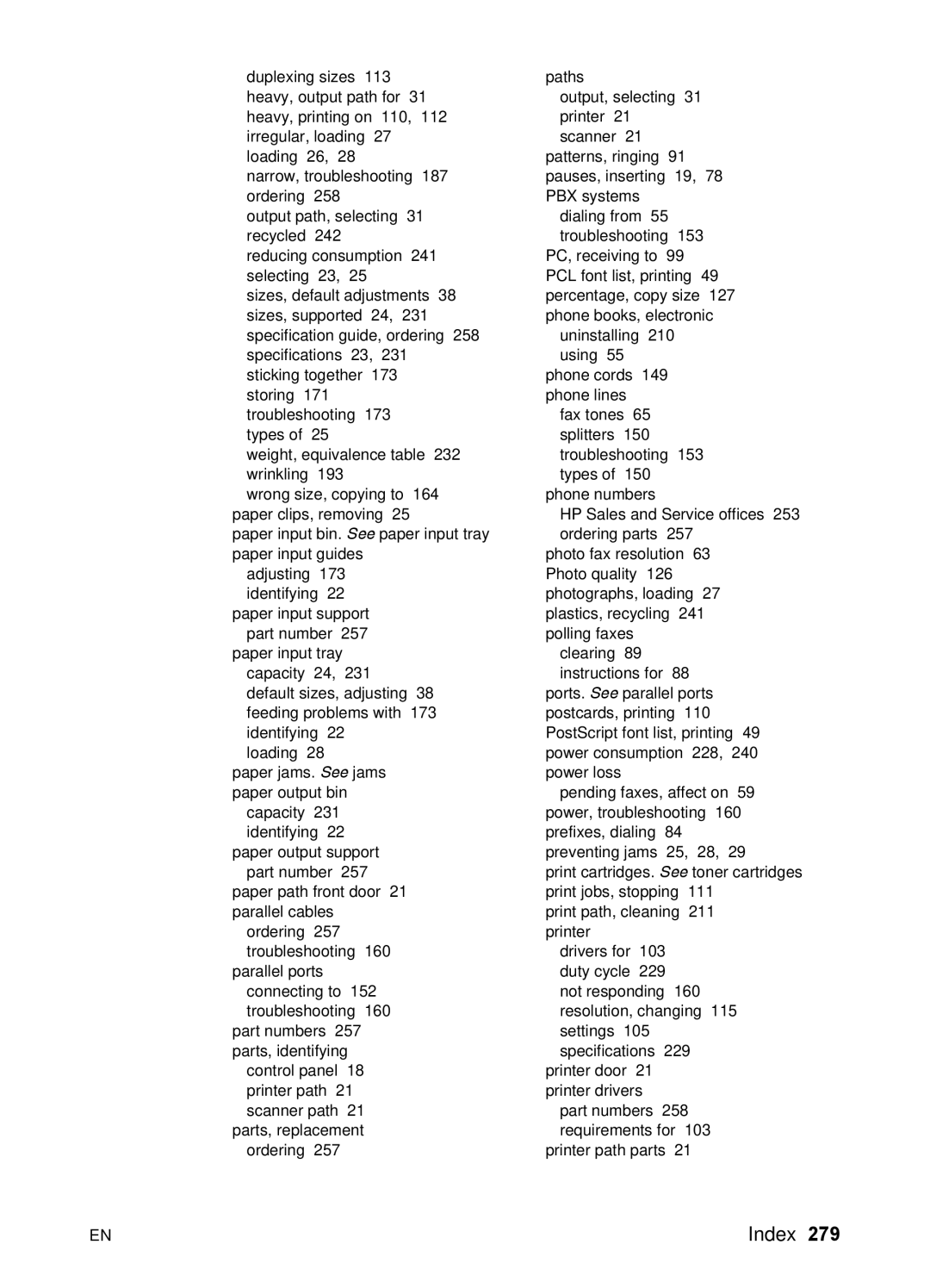 HP 3200 manual Adjusting 173 identifying 22 paper input support part number 