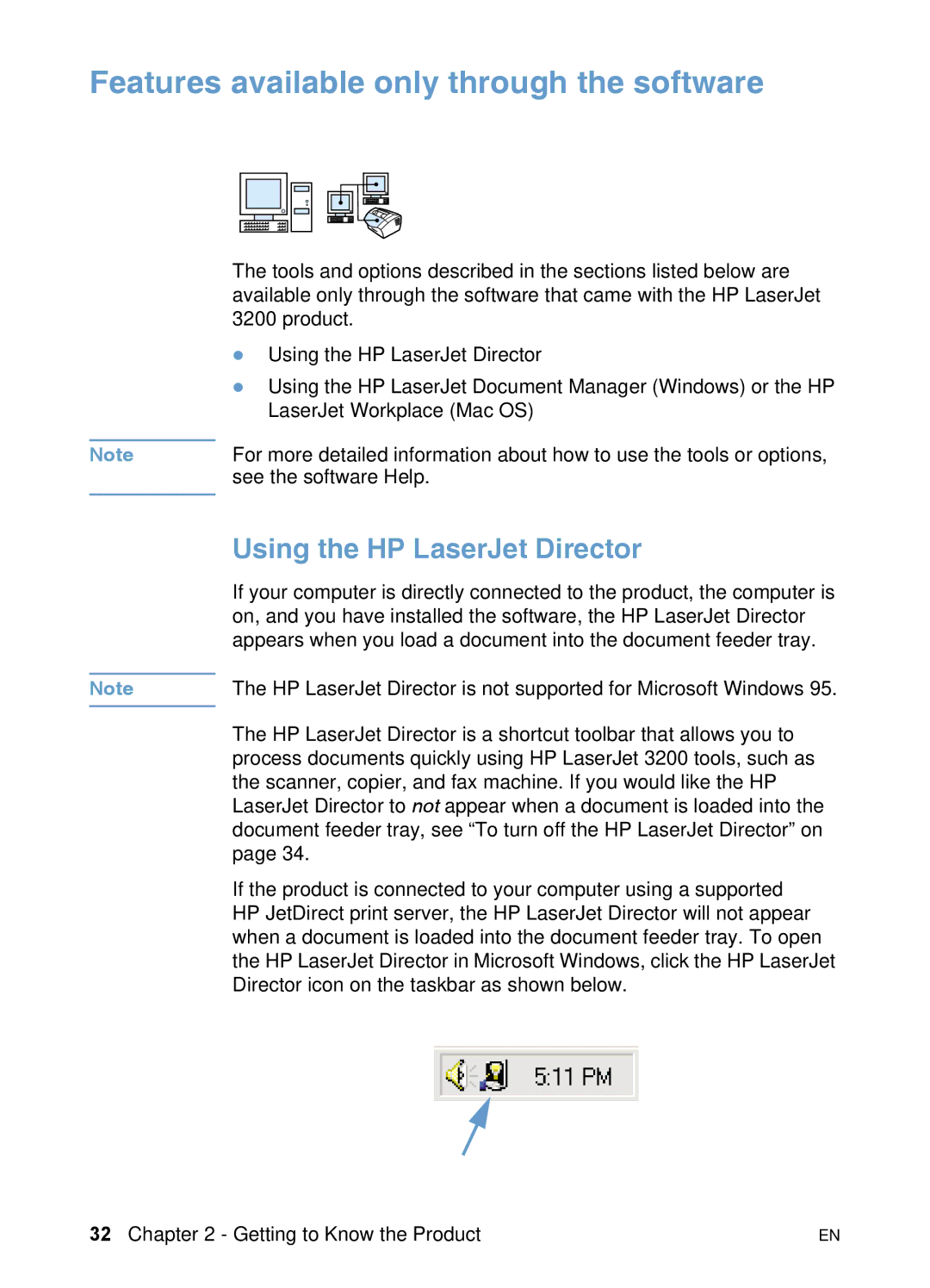 HP 3200 manual Features available only through the software, Using the HP LaserJet Director 