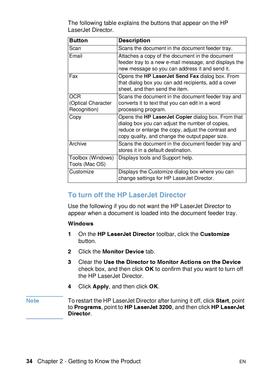 HP 3200 manual To turn off the HP LaserJet Director, Button Description 