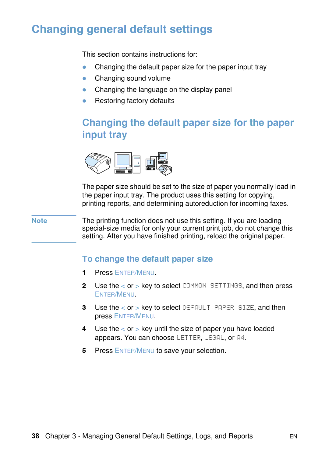 HP 3200 manual Changing general default settings, Changing the default paper size for the paper input tray 