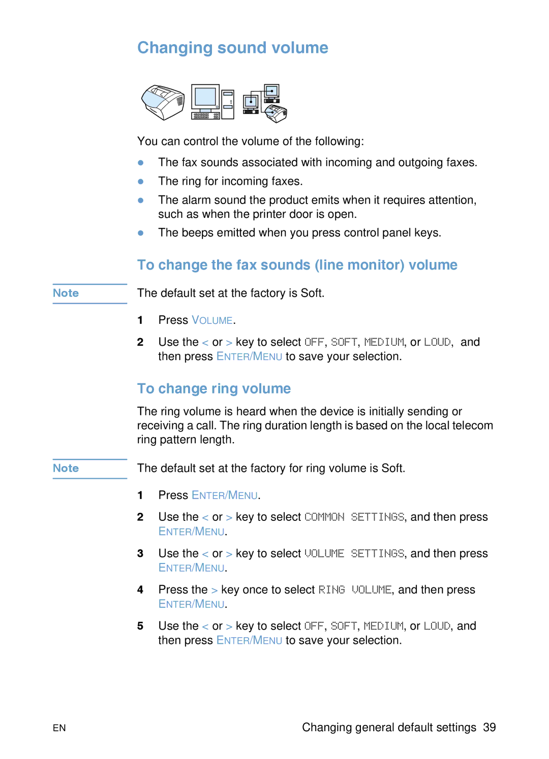 HP 3200 manual Changing sound volume, To change the fax sounds line monitor volume, To change ring volume 