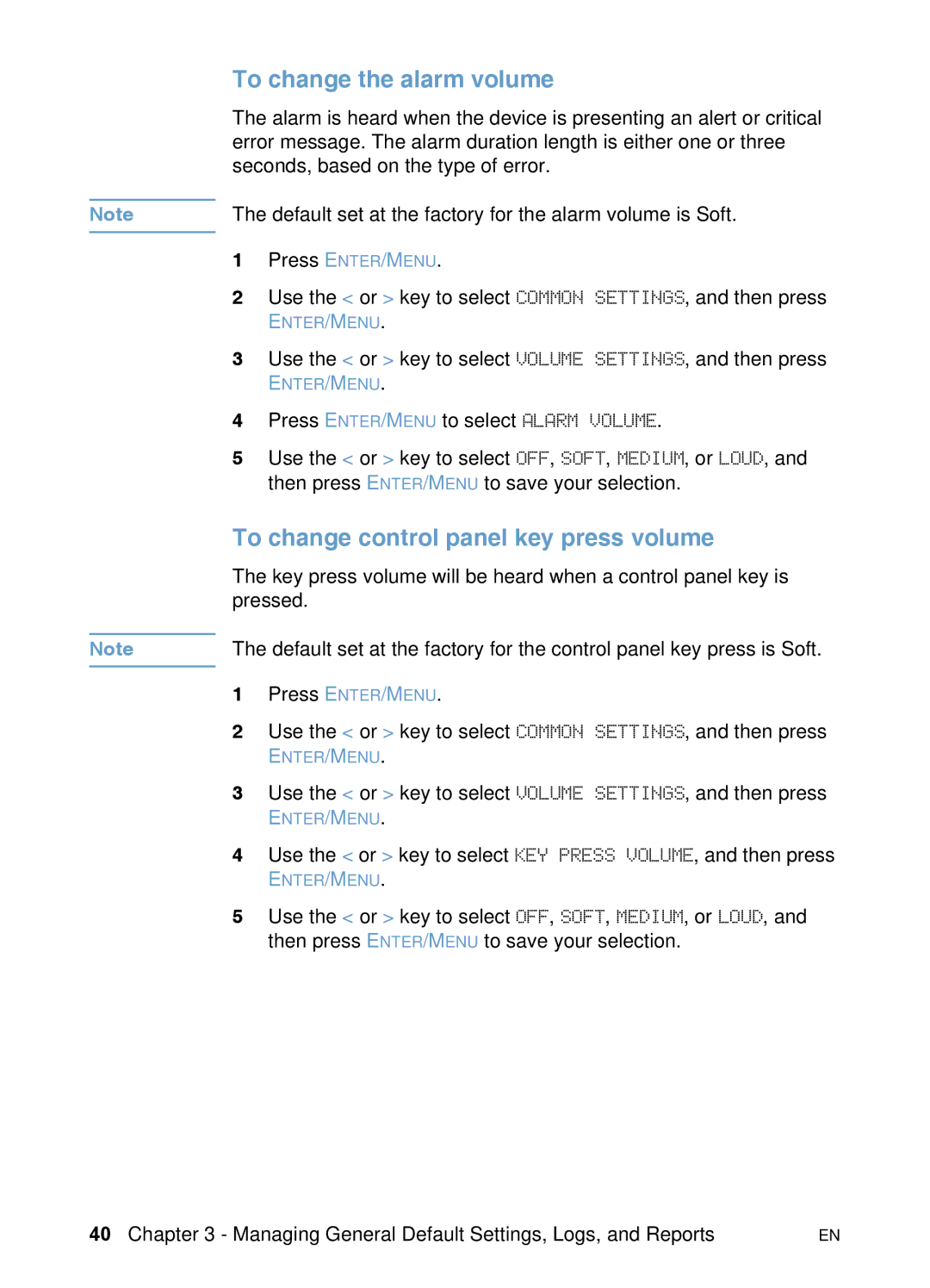 HP 3200 manual To change the alarm volume, To change control panel key press volume 