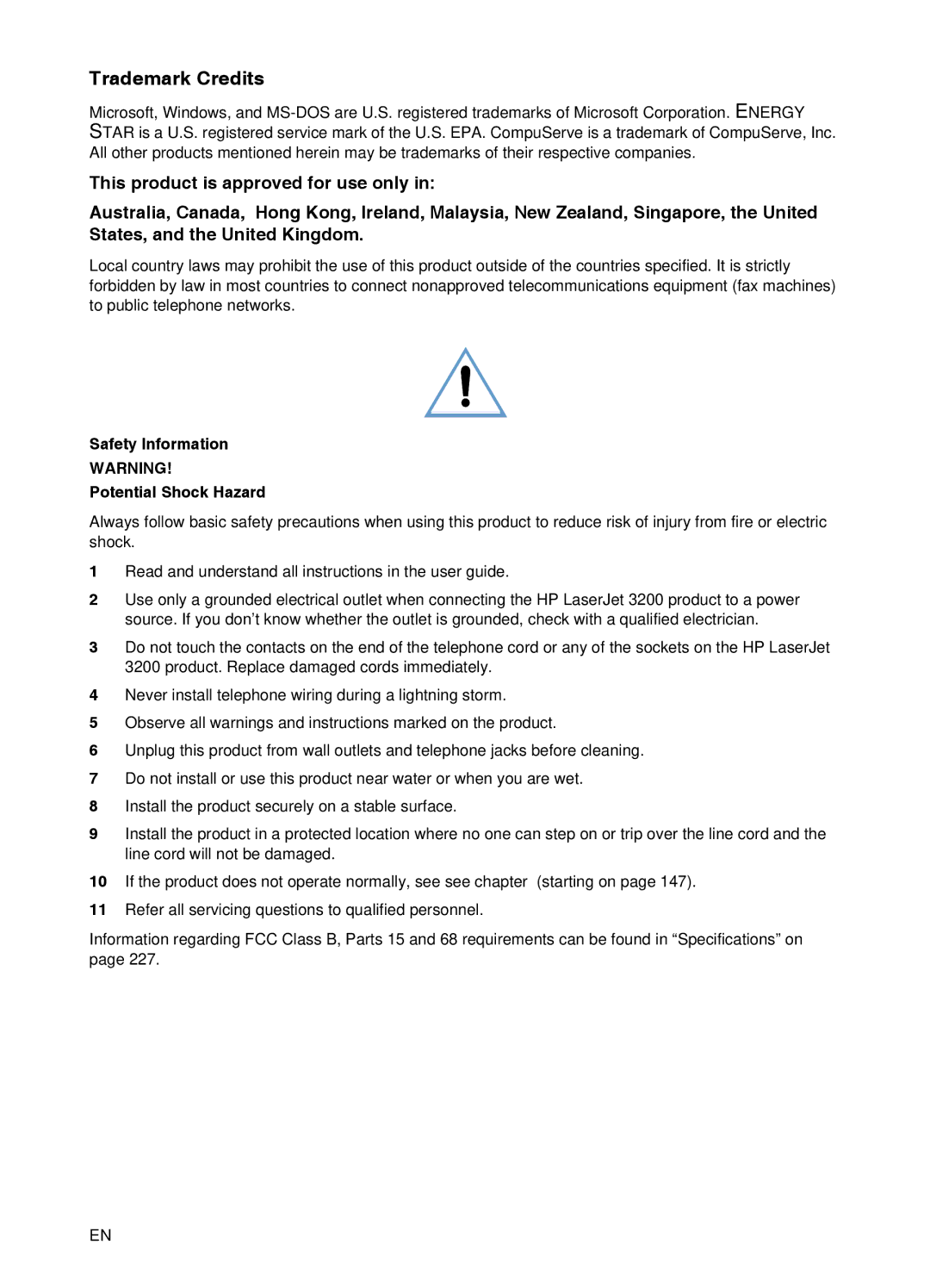 HP 3200 manual Trademark Credits, Safety Information Potential Shock Hazard 