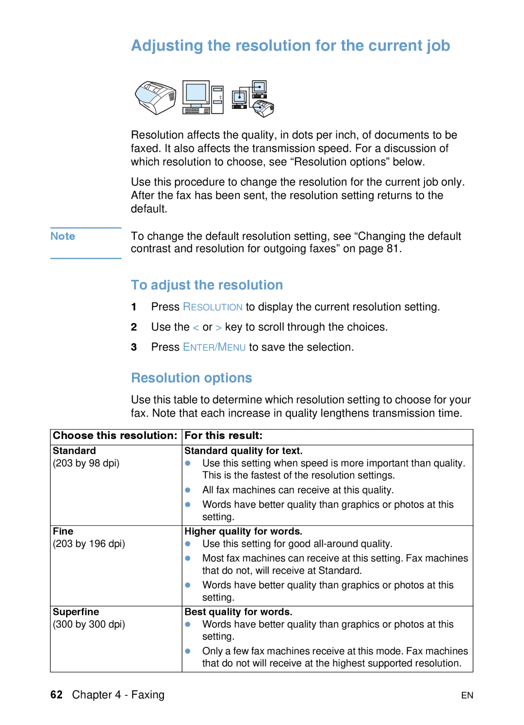 HP 3200 manual Adjusting the resolution for the current job, To adjust the resolution, Resolution options 