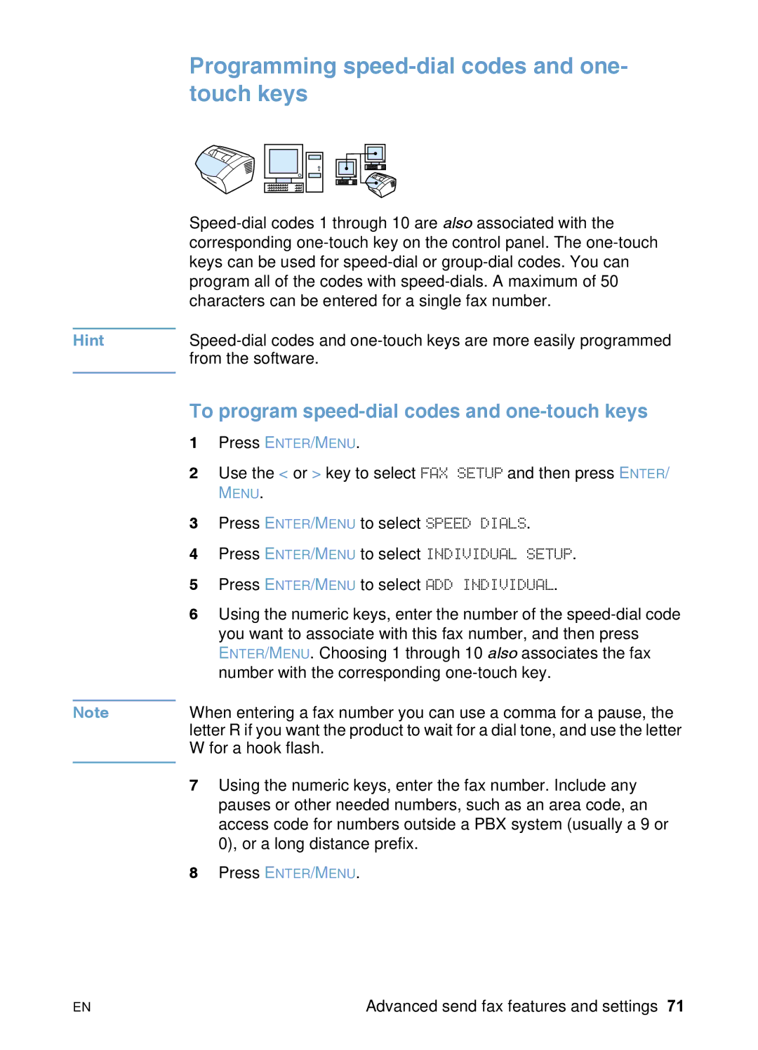 HP 3200 manual Programming speed-dial codes and one- touch keys, To program speed-dial codes and one-touch keys 