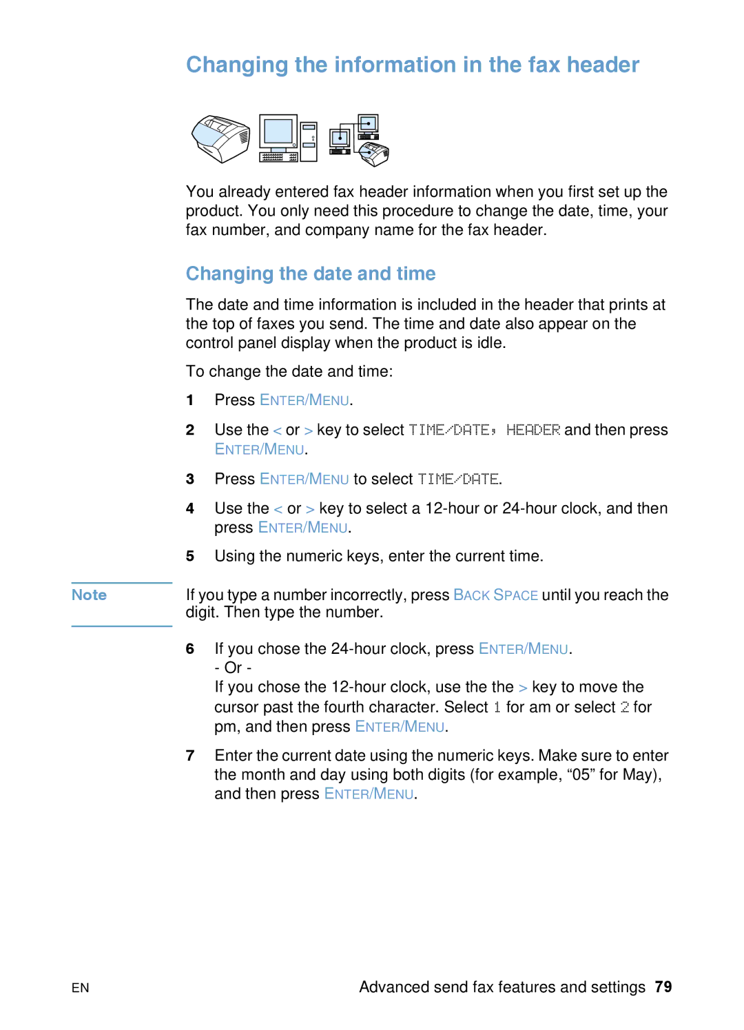 HP 3200 manual Changing the information in the fax header, Changing the date and time 