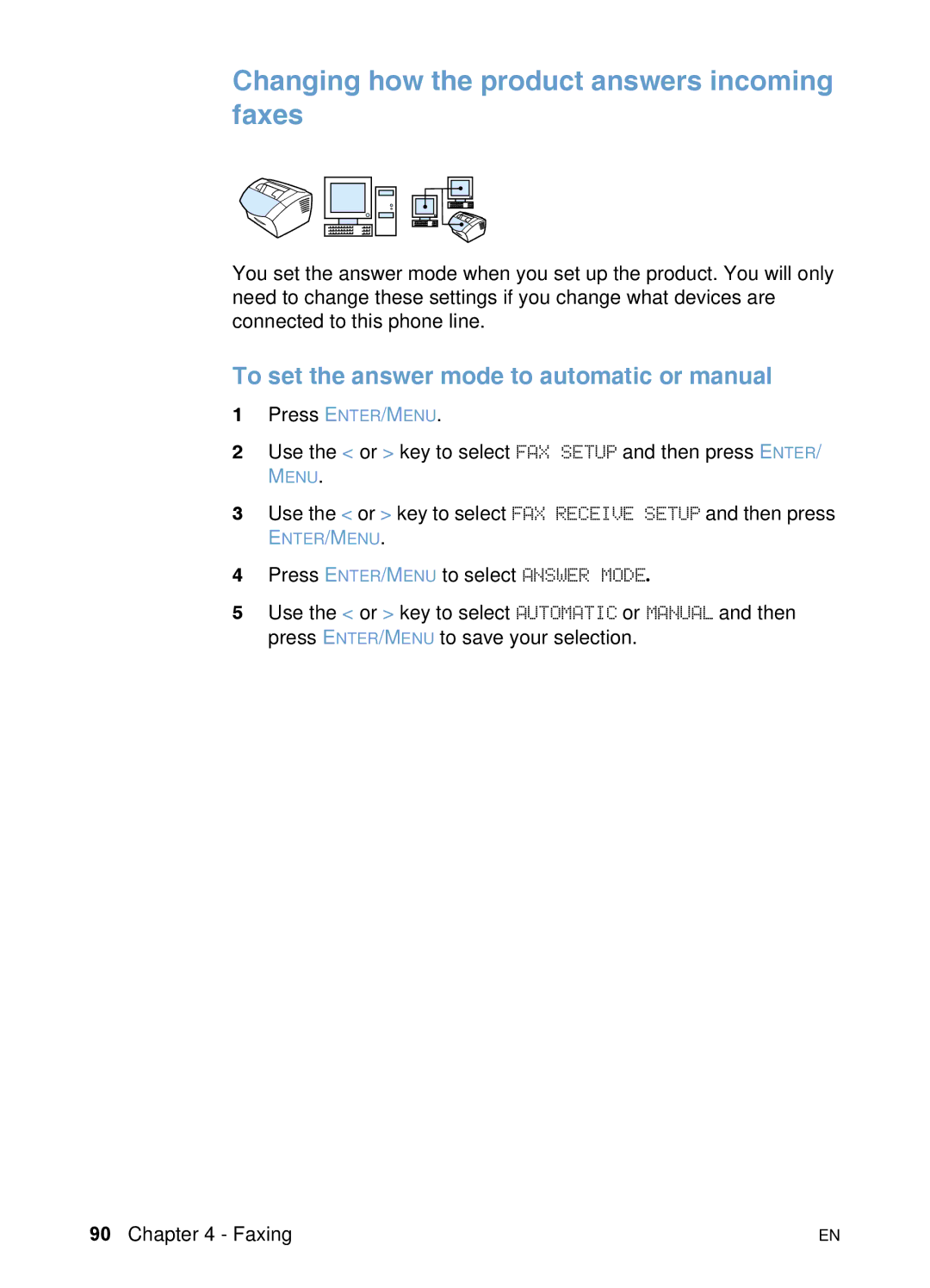 HP 3200 Changing how the product answers incoming faxes, To set the answer mode to automatic or manual 