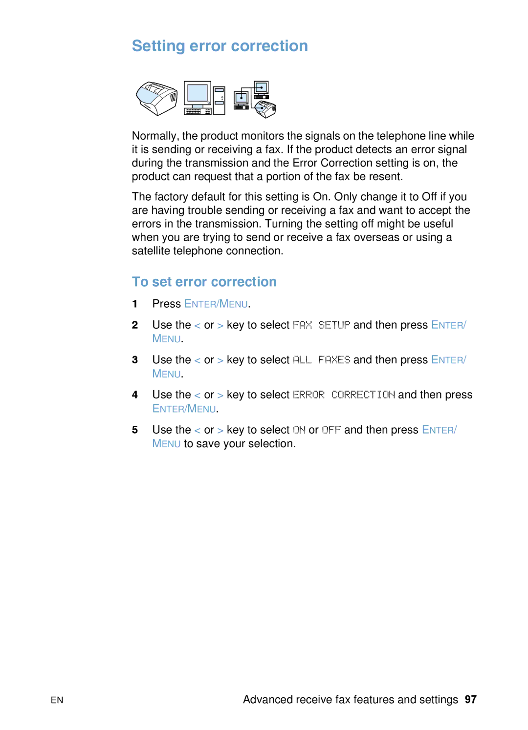 HP 3200 manual Setting error correction, To set error correction 