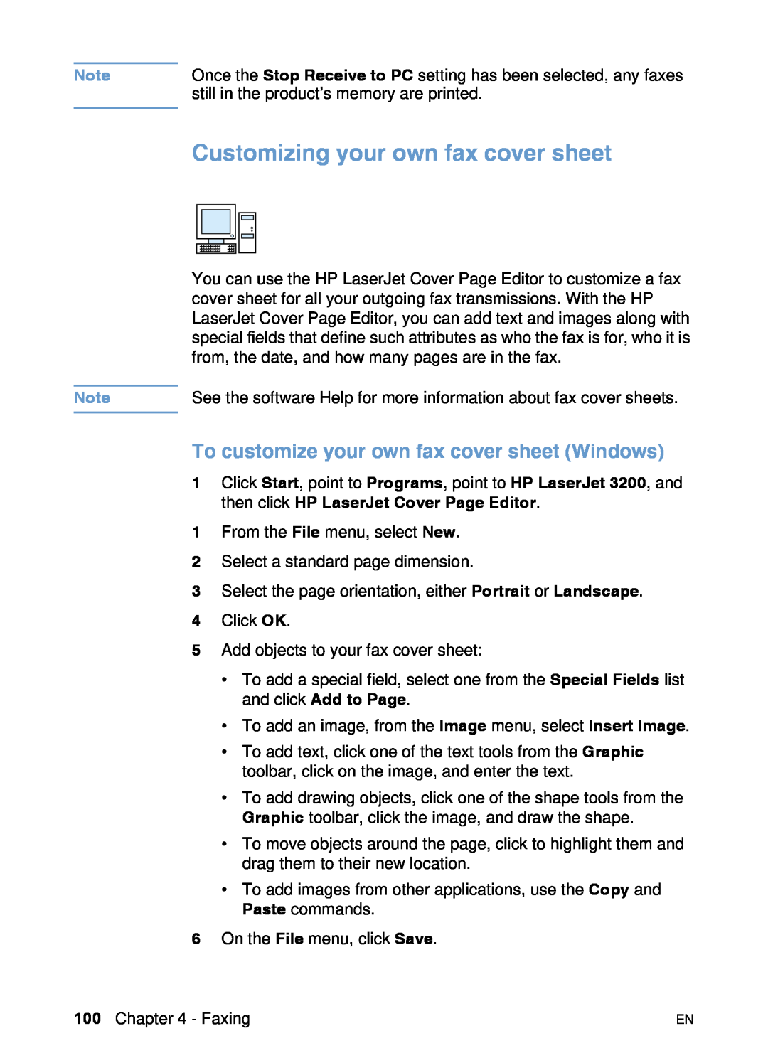 HP 3200 manual Customizing your own fax cover sheet, To customize your own fax cover sheet Windows 
