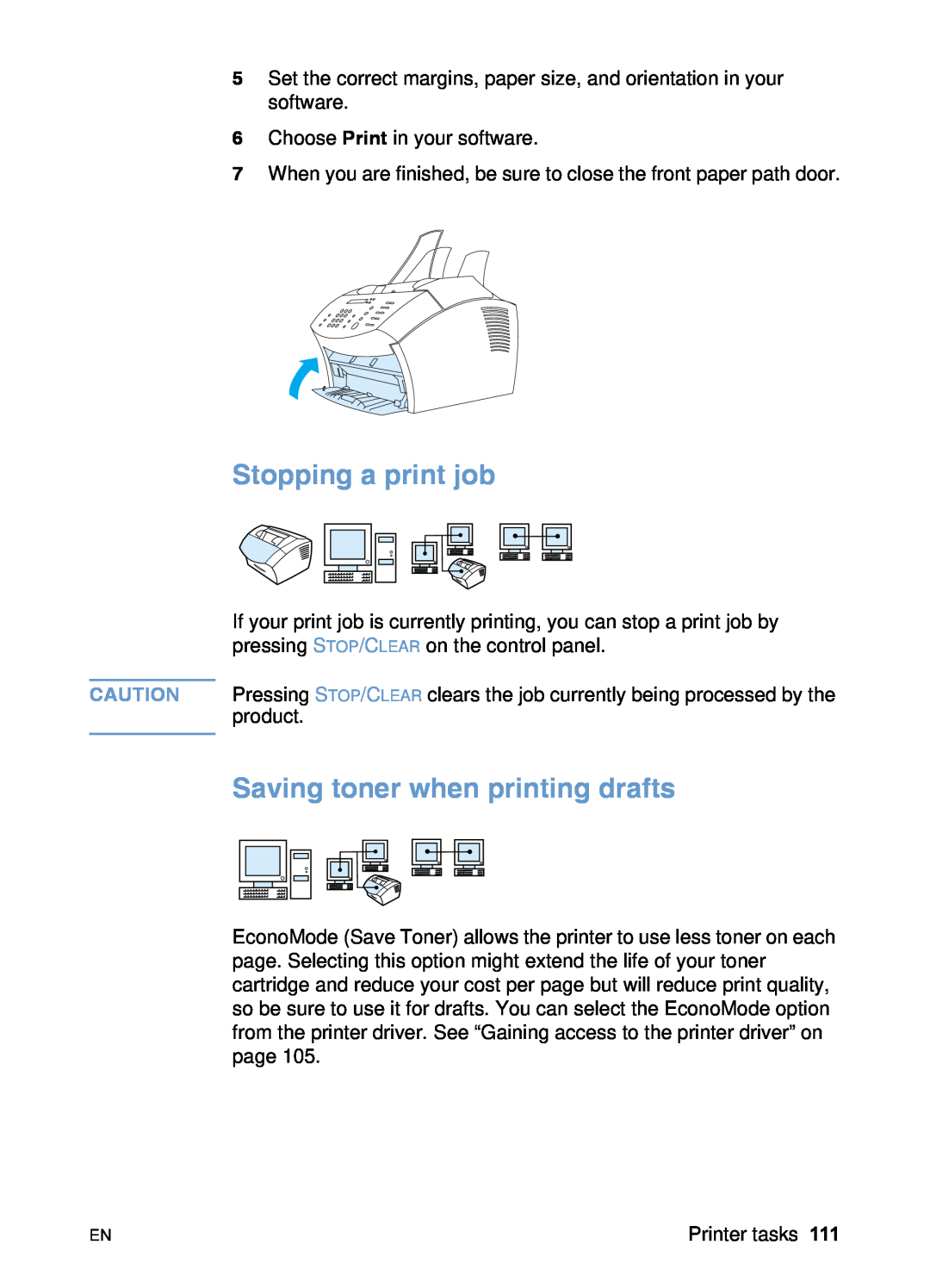 HP 3200 manual Stopping a print job, Saving toner when printing drafts 