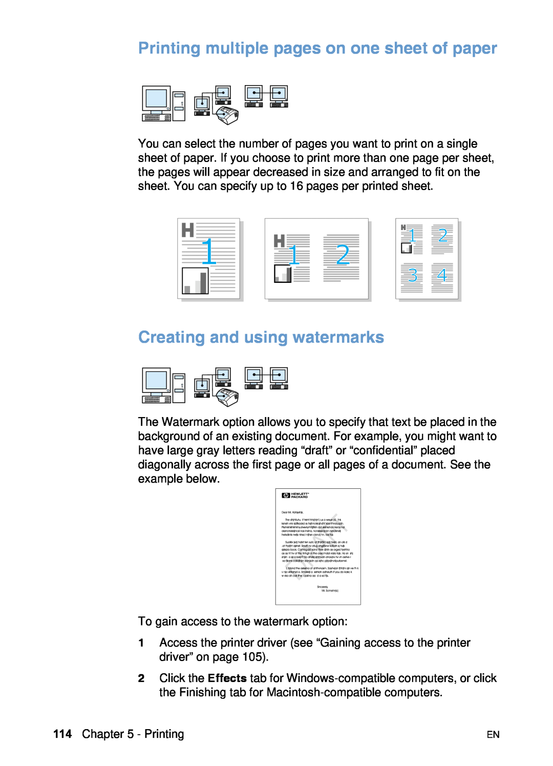 HP 3200 manual Printing multiple pages on one sheet of paper, Creating and using watermarks 