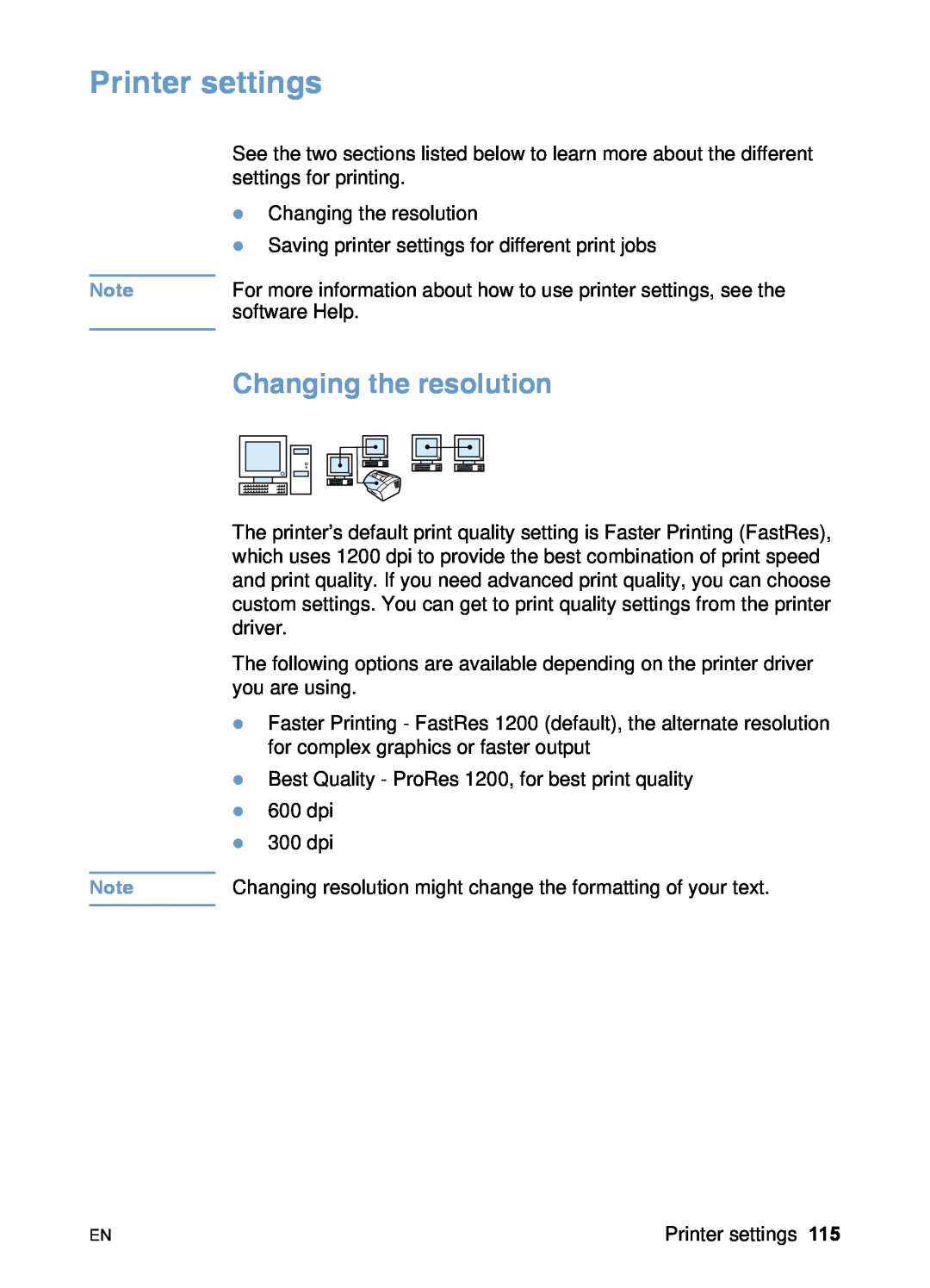 HP 3200 manual Printer settings, Changing the resolution 