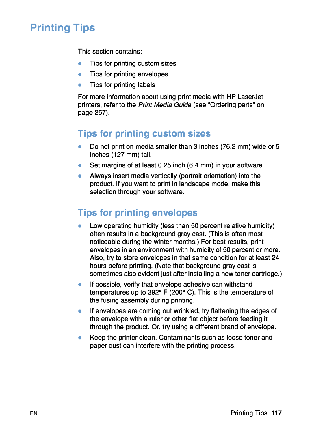 HP 3200 manual Printing Tips, Tips for printing custom sizes, Tips for printing envelopes 