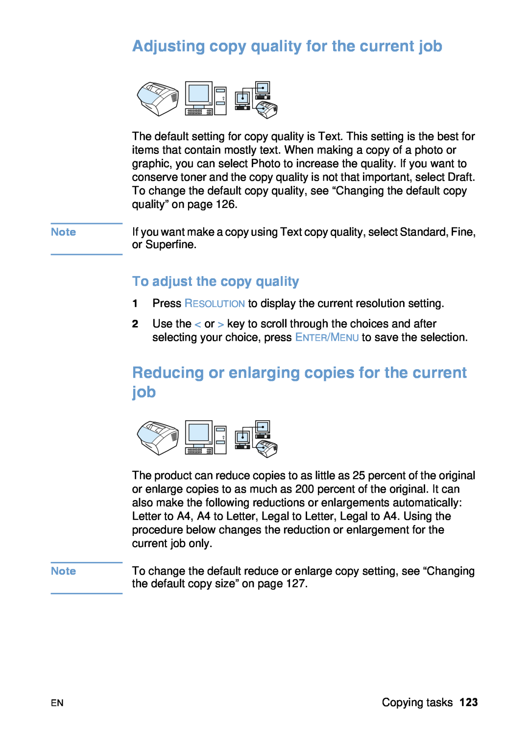 HP 3200 manual Adjusting copy quality for the current job, Reducing or enlarging copies for the current job 