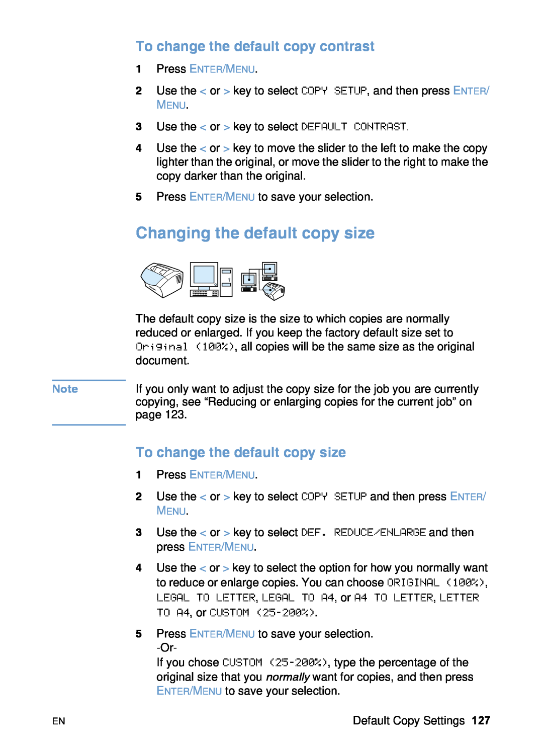 HP 3200 manual Changing the default copy size, To change the default copy contrast, To change the default copy size 