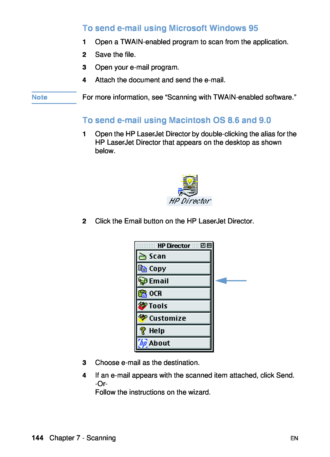 HP 3200 manual To send e-mail using Microsoft Windows, To send e-mail using Macintosh OS 8.6 and 