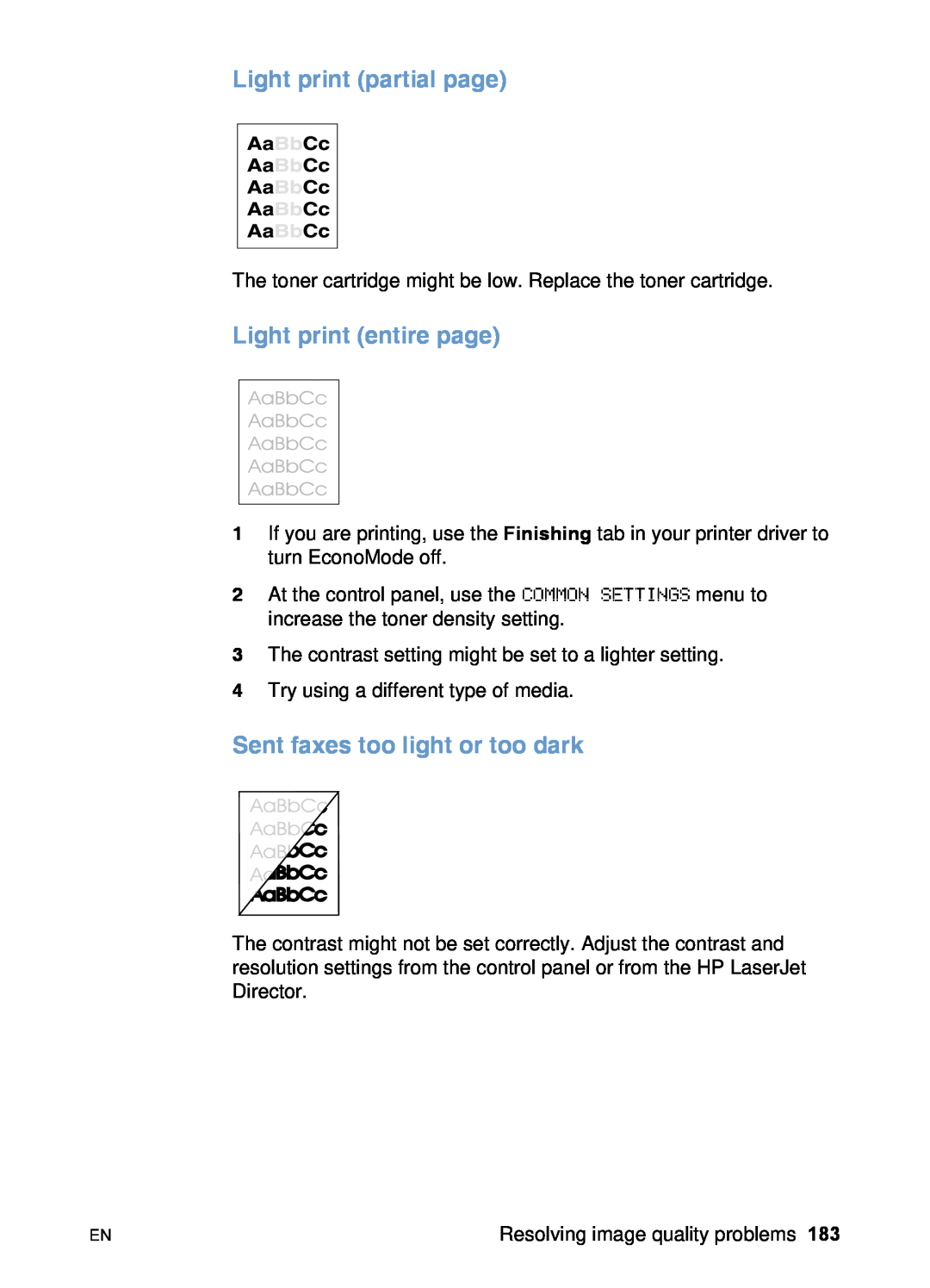 HP 3200 manual Light print partial page, Light print entire page, Sent faxes too light or too dark 