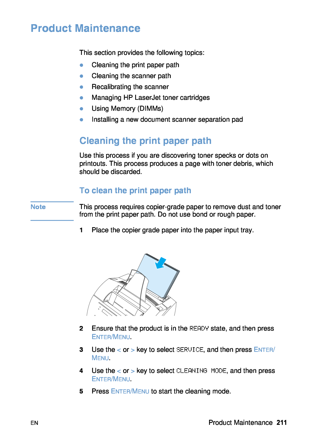 HP 3200 manual Product Maintenance, Cleaning the print paper path, To clean the print paper path 