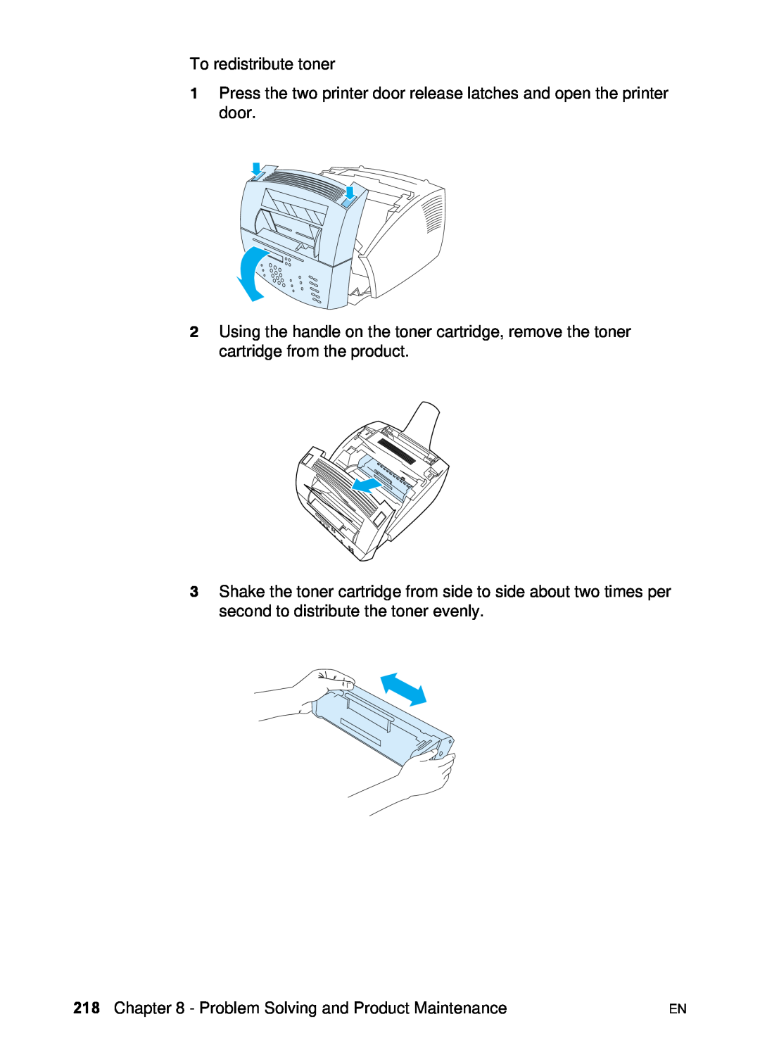HP 3200 manual To redistribute toner, Problem Solving and Product Maintenance 