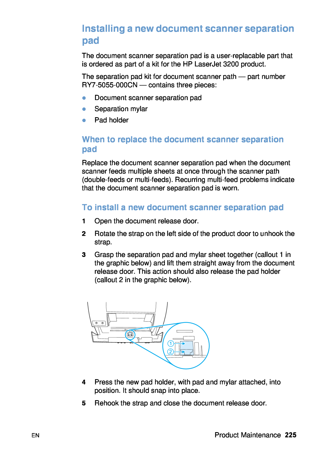 HP 3200 manual Installing a new document scanner separation pad, When to replace the document scanner separation pad 