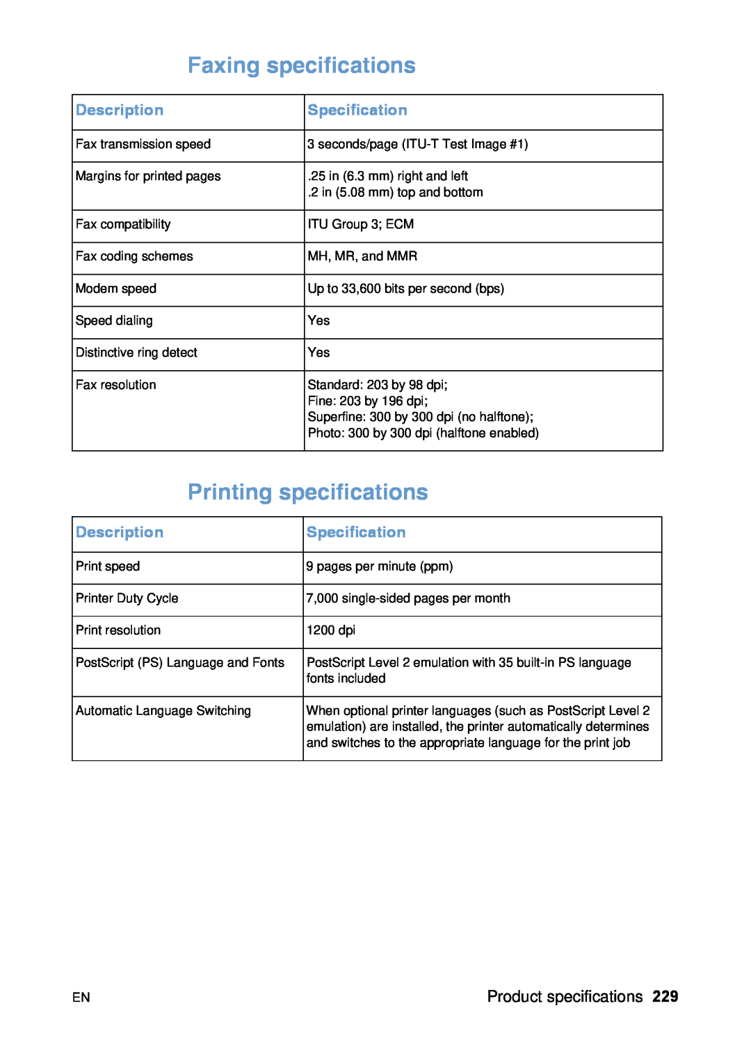 HP 3200 manual Faxing specifications, Printing specifications, Description, Specification 