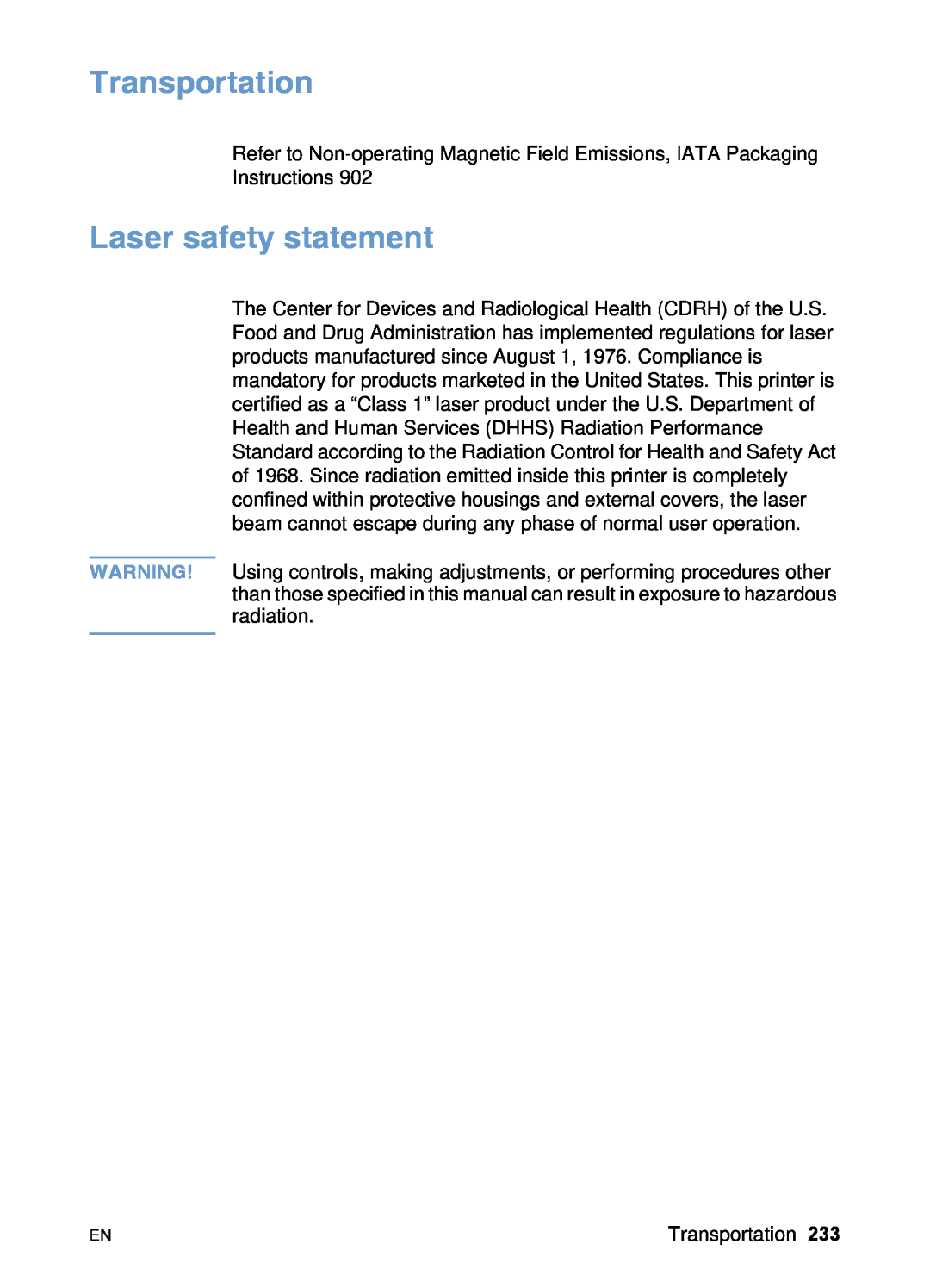 HP 3200 manual Transportation, Laser safety statement 