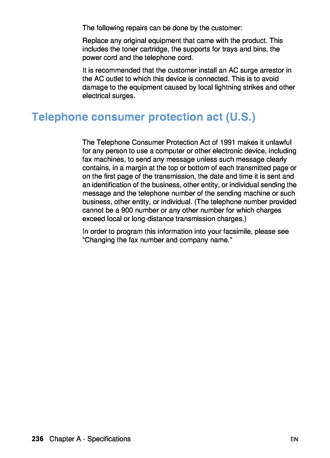 HP 3200 manual Telephone consumer protection act U.S 