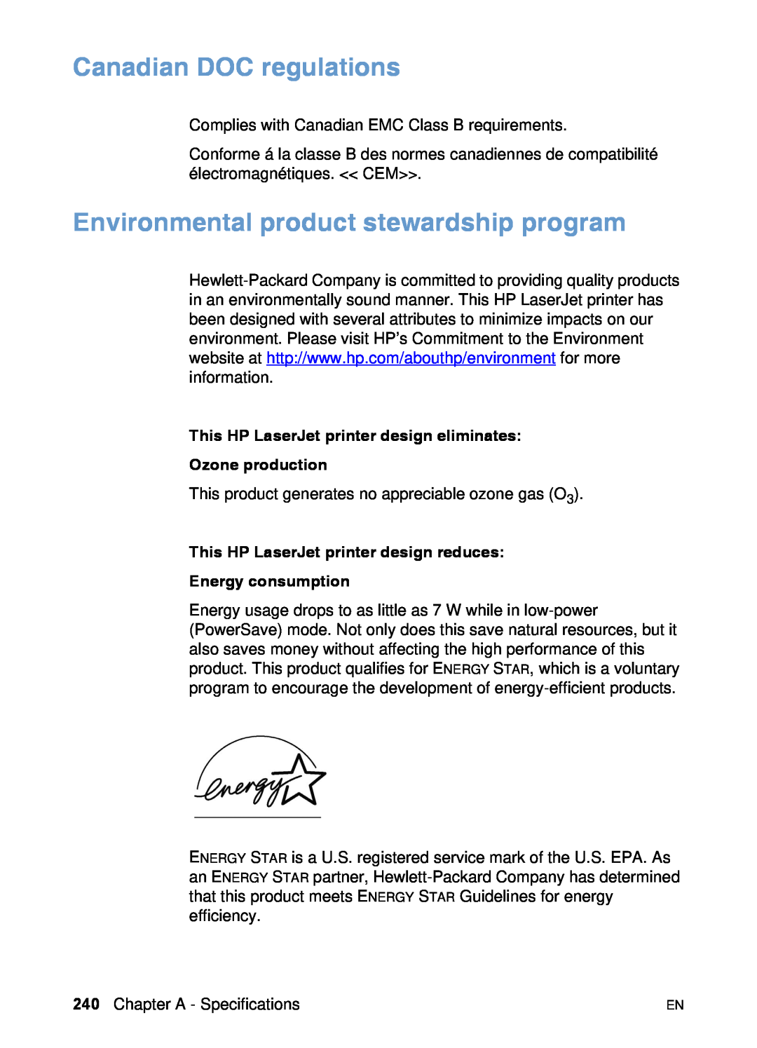 HP 3200 manual Canadian DOC regulations, Environmental product stewardship program 
