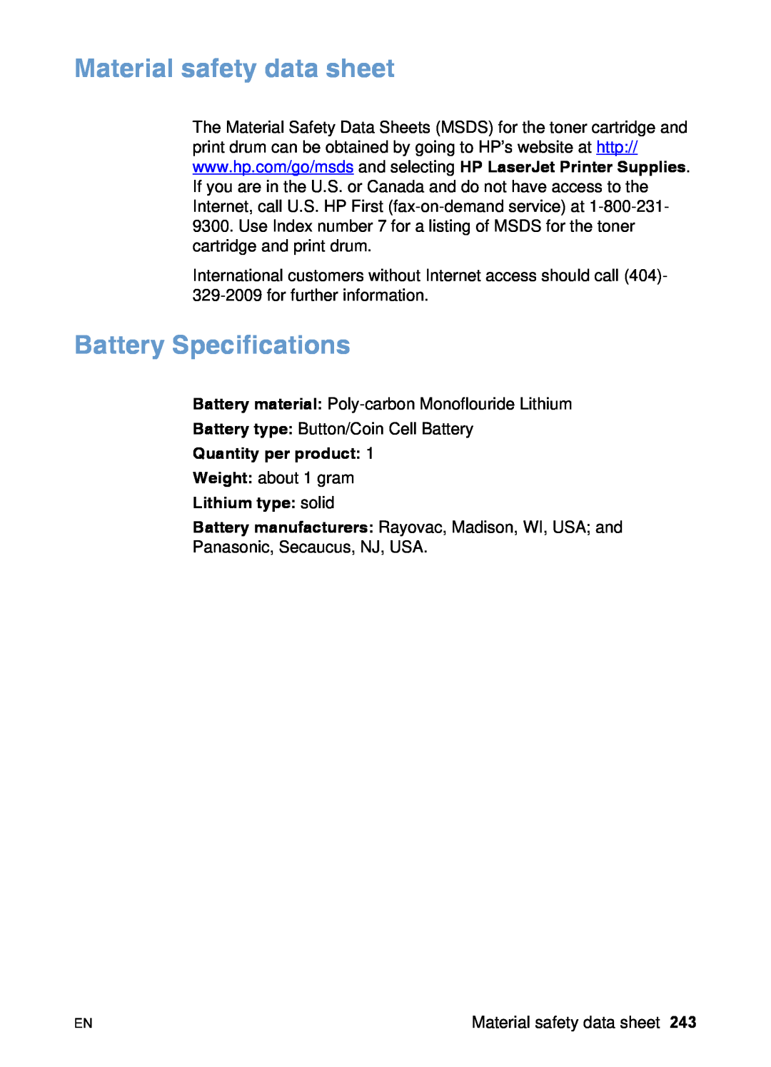 HP 3200 manual Material safety data sheet, Battery Specifications, Quantity per product, Lithium type solid 