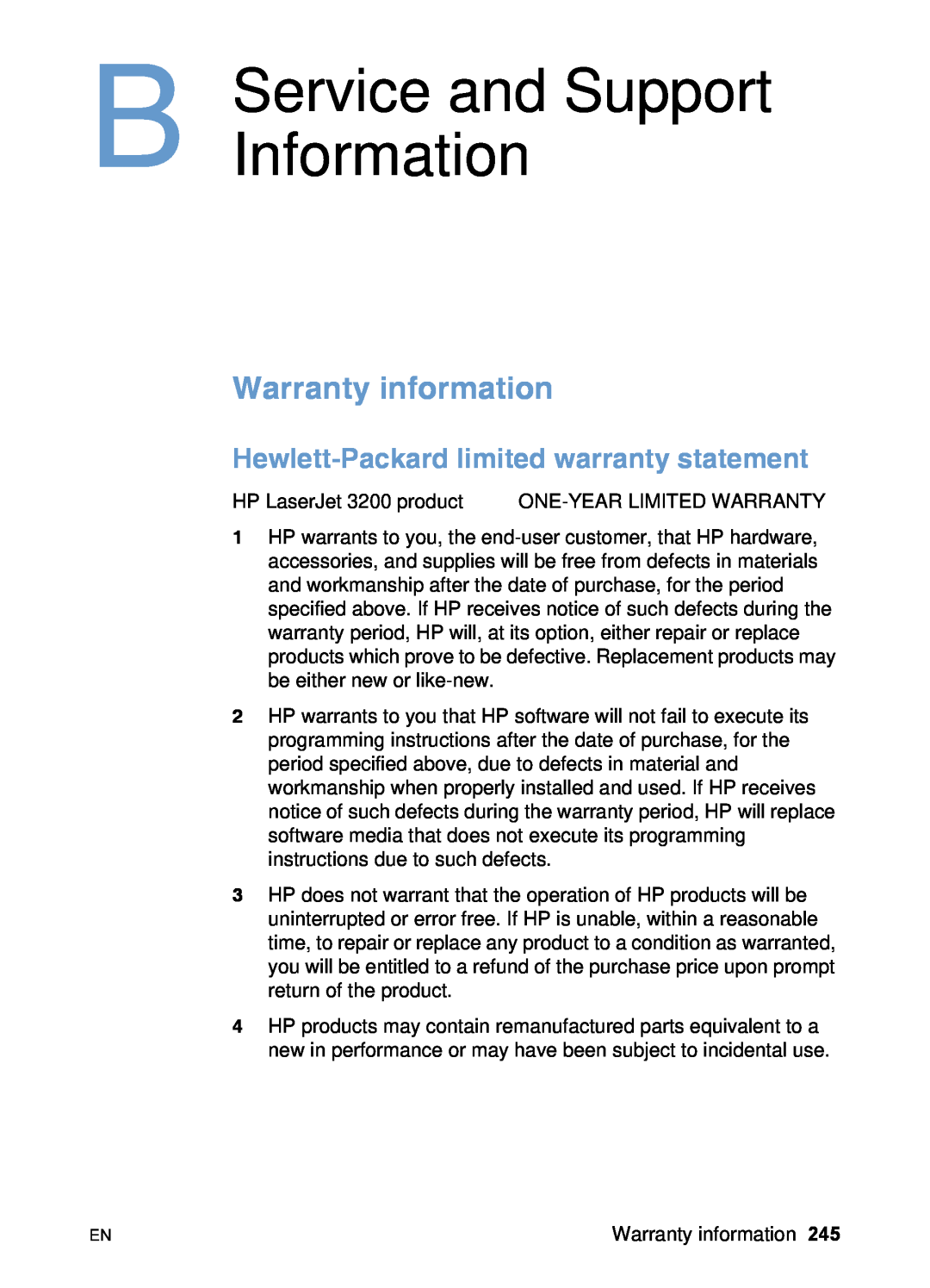 HP 3200 manual Service and Support Information, Warranty information, Hewlett-Packard limited warranty statement 