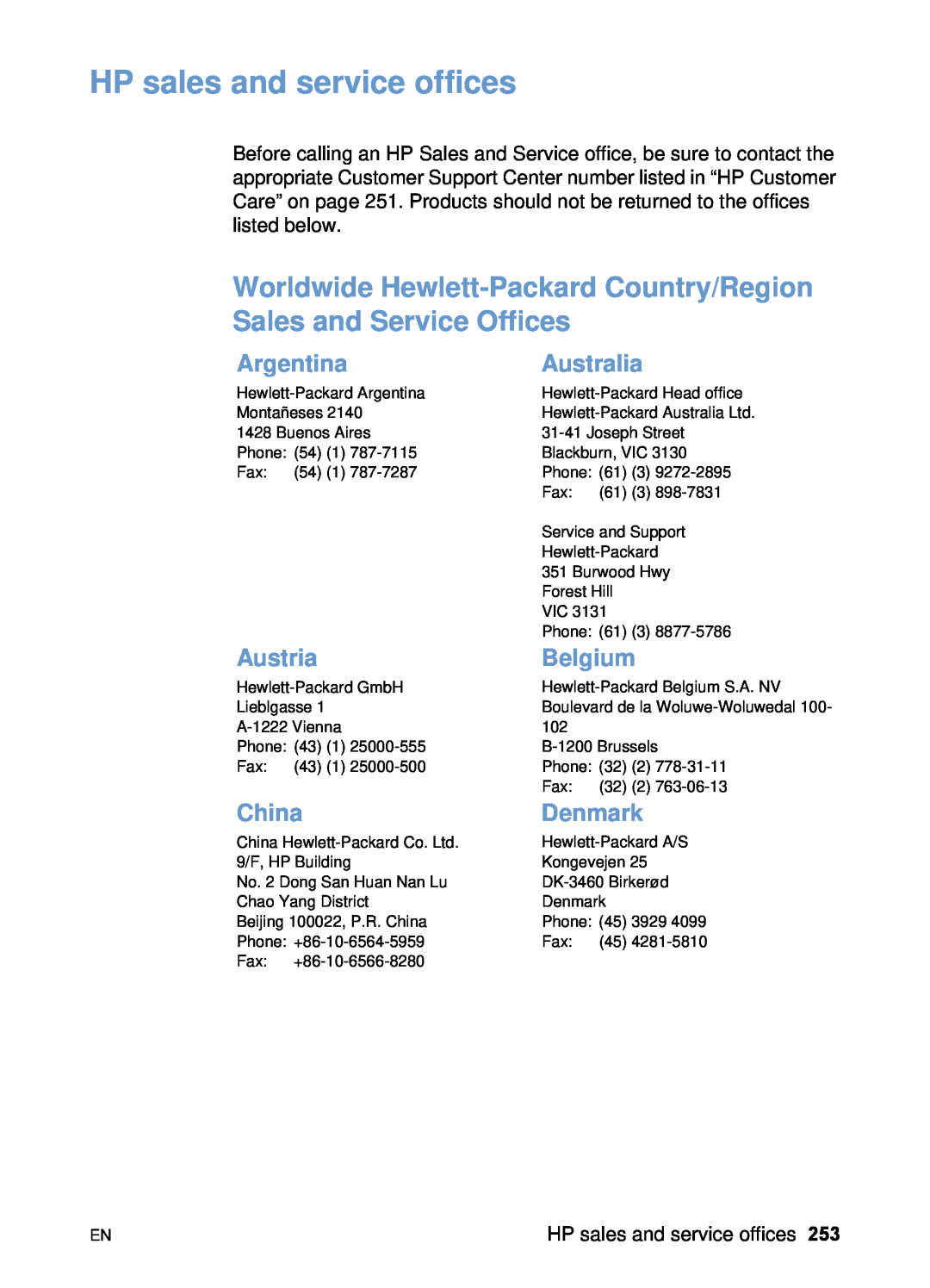 HP 3200 manual Argentina, Australia, AustriaBelgium, China, Denmark, HP sales and service offices 