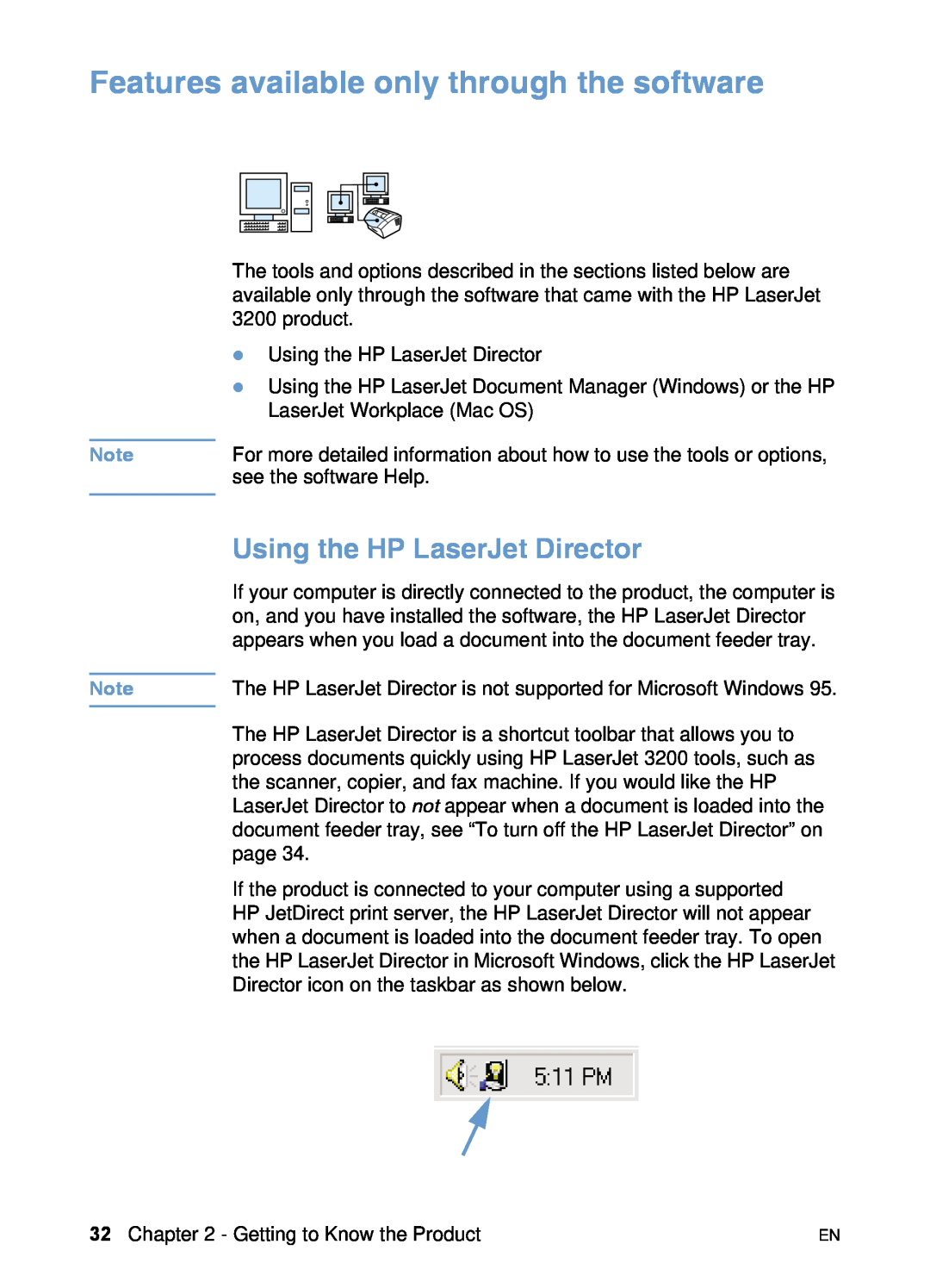 HP 3200 manual Features available only through the software, Using the HP LaserJet Director 