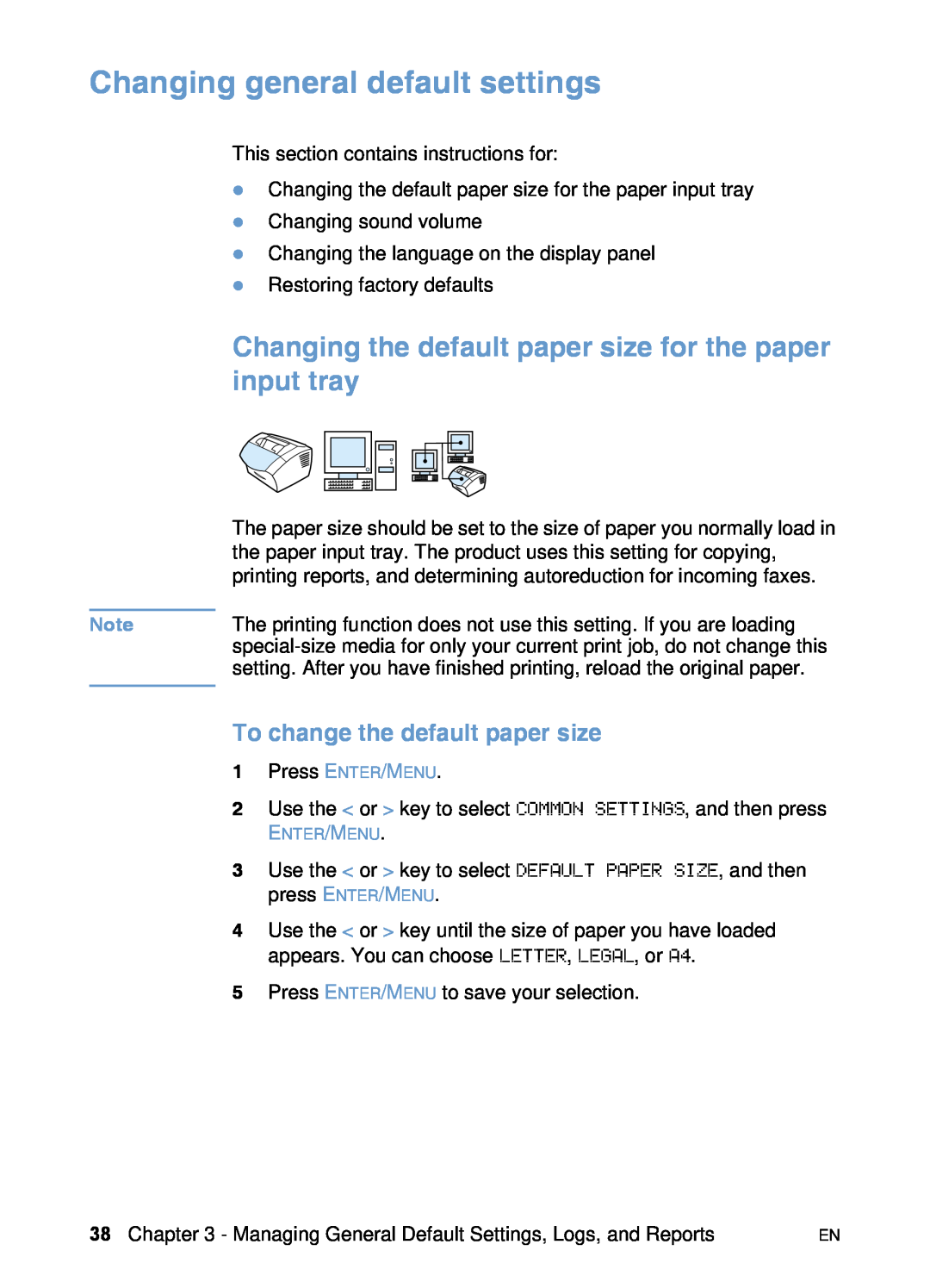 HP 3200 manual Changing general default settings, Changing the default paper size for the paper input tray 