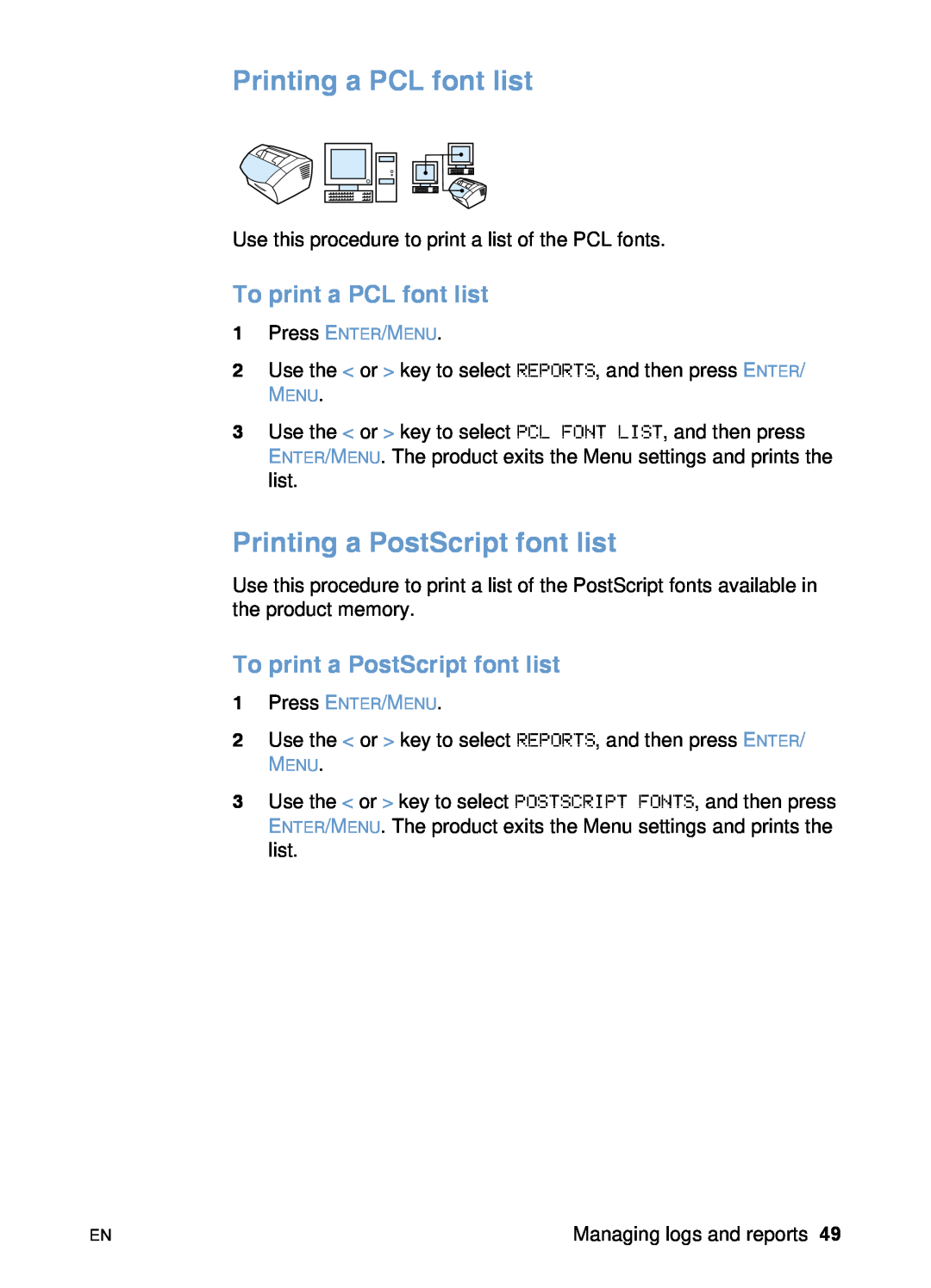 HP 3200 manual Printing a PCL font list, Printing a PostScript font list, To print a PCL font list 