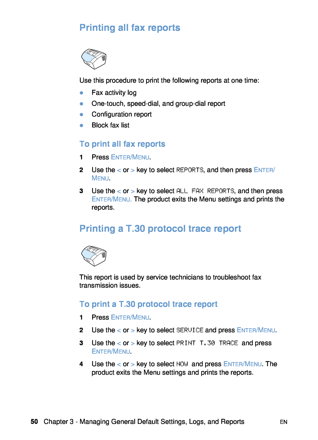 HP 3200 manual Printing all fax reports, Printing a T.30 protocol trace report, To print all fax reports 